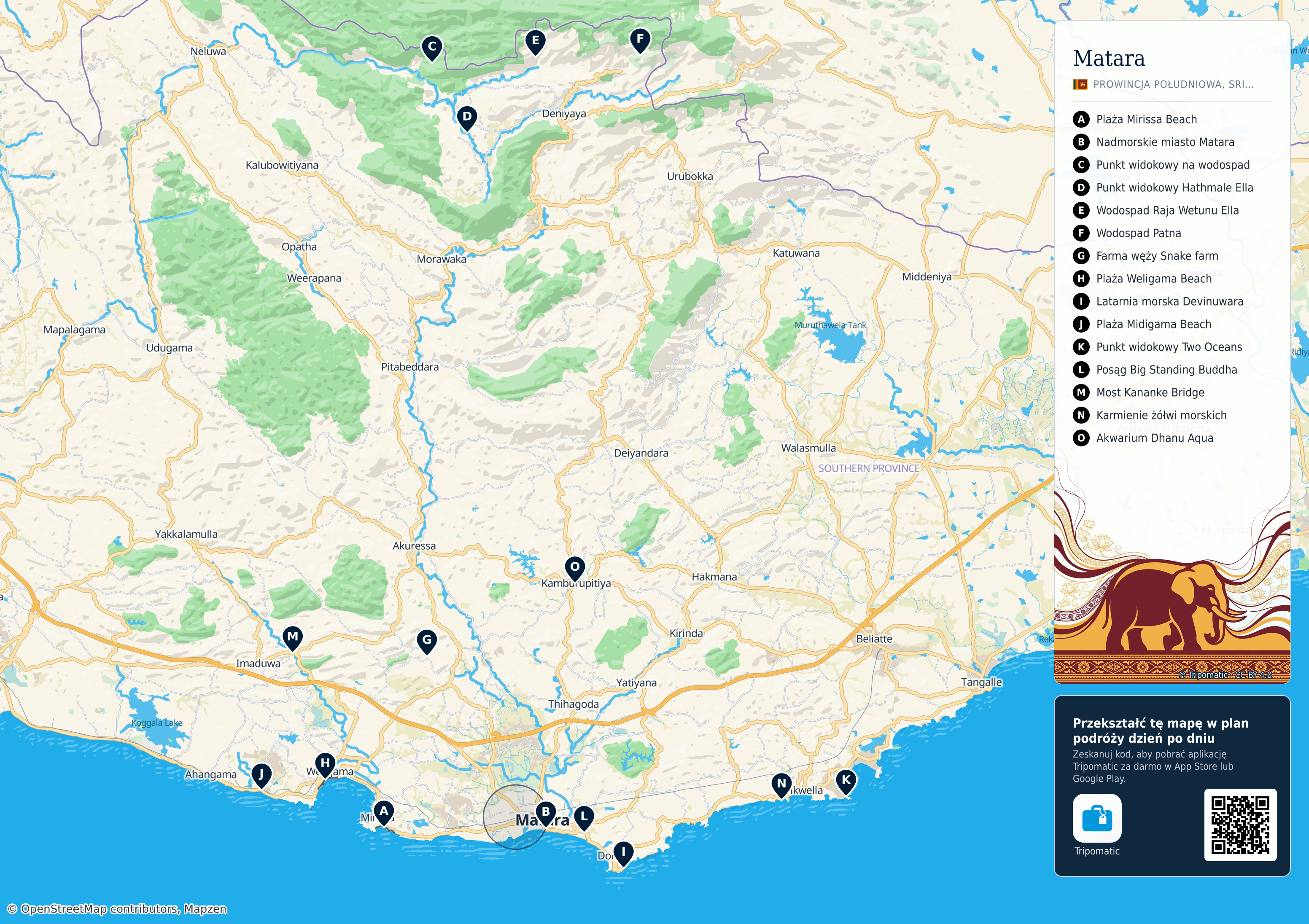 Matara – turystyczna mapa do druku z ponumerowanymi atrakcjami
