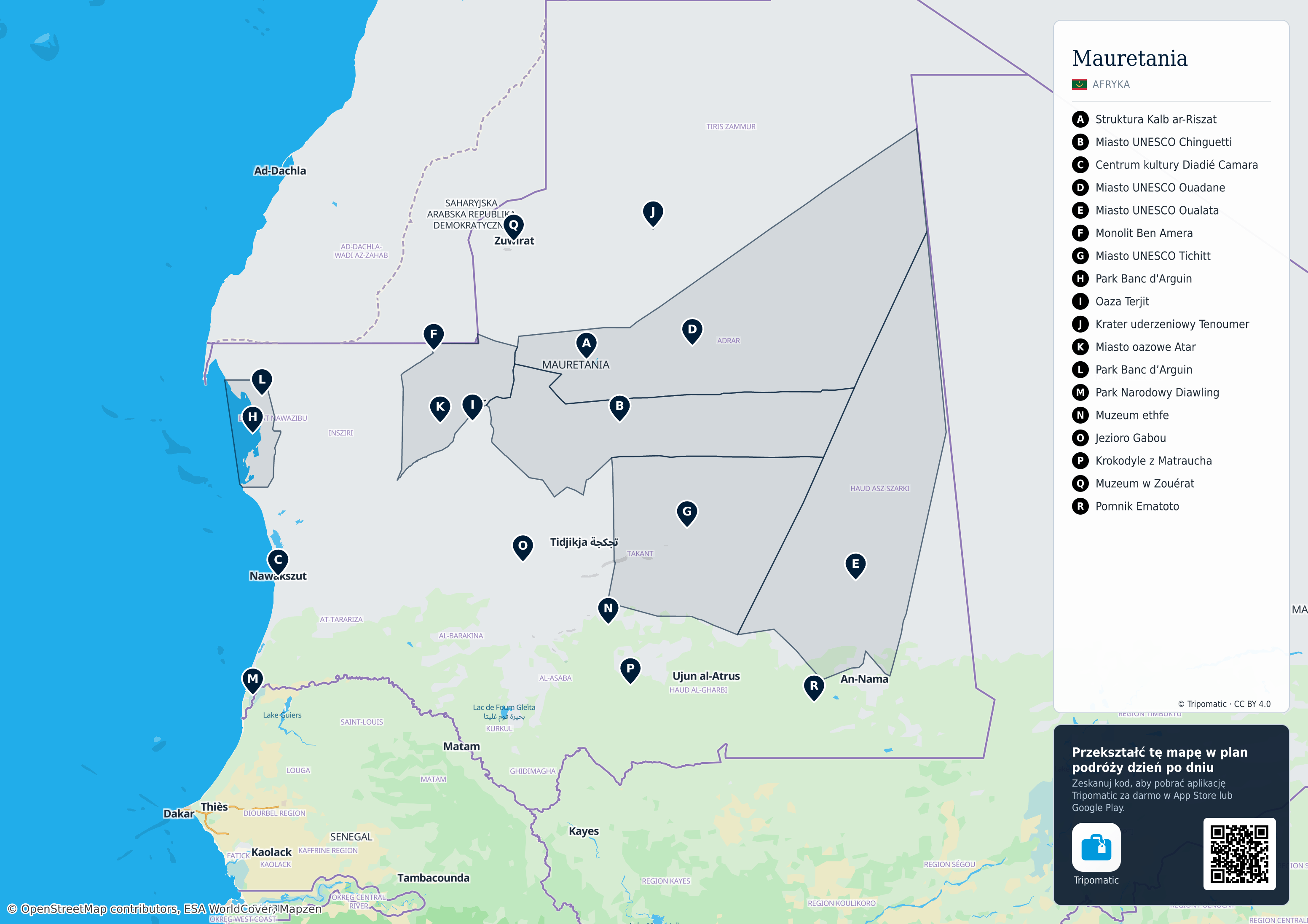 Mauretania – turystyczna mapa do druku z ponumerowanymi atrakcjami