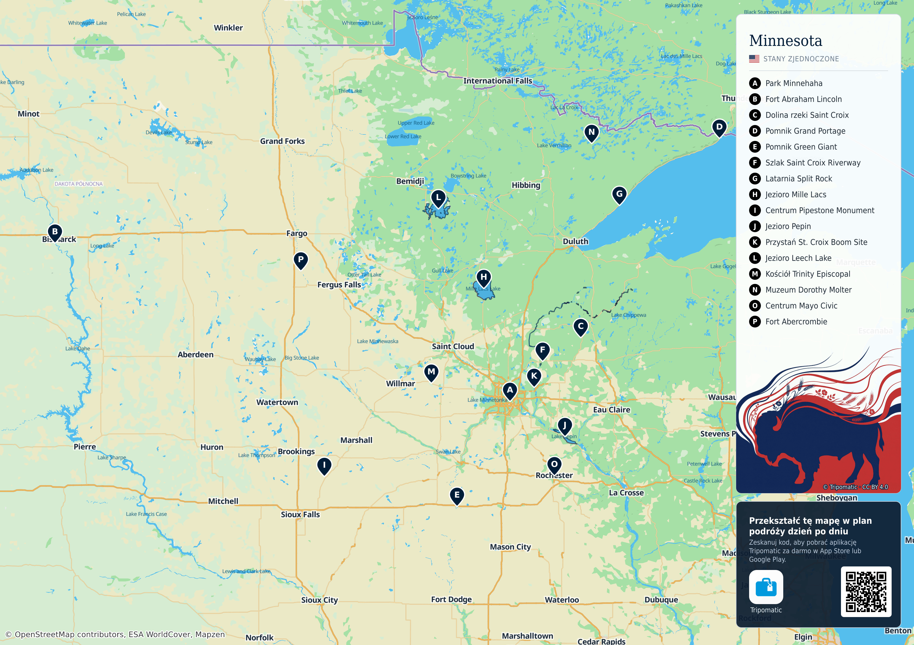Minnesota – turystyczna mapa do druku z ponumerowanymi atrakcjami