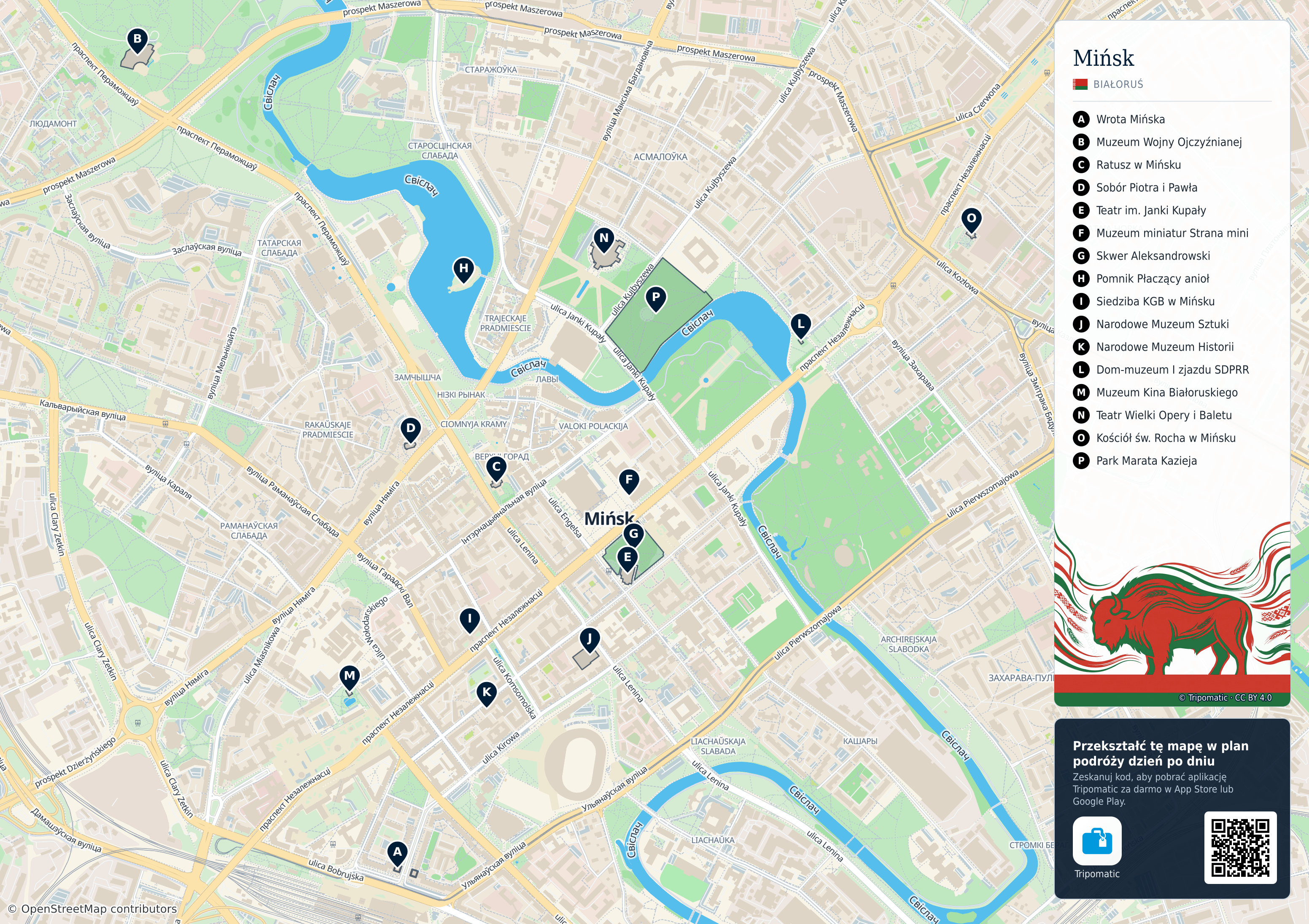 Mińsk – turystyczna mapa do druku z ponumerowanymi atrakcjami