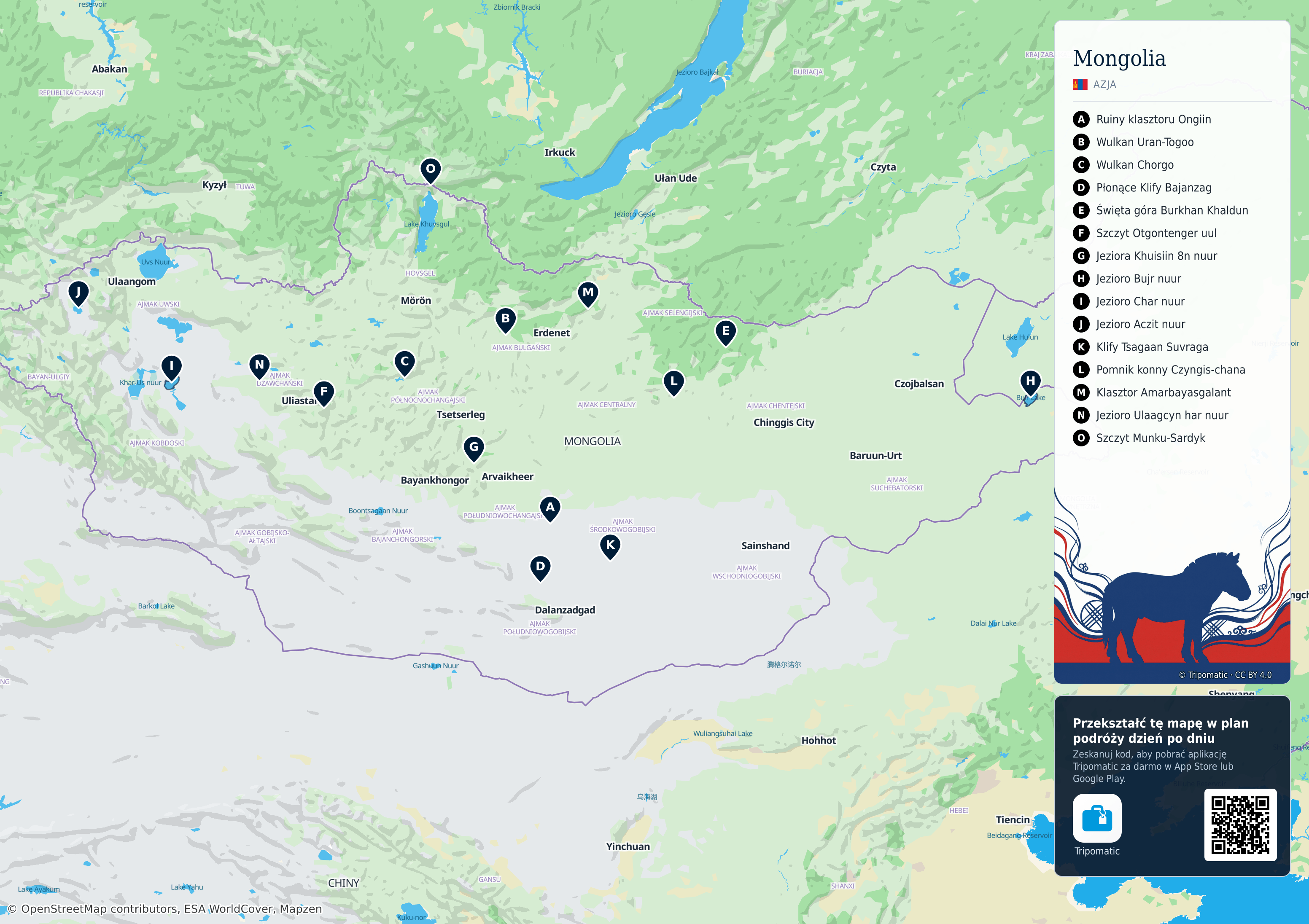 Mongolia – turystyczna mapa do druku z ponumerowanymi atrakcjami