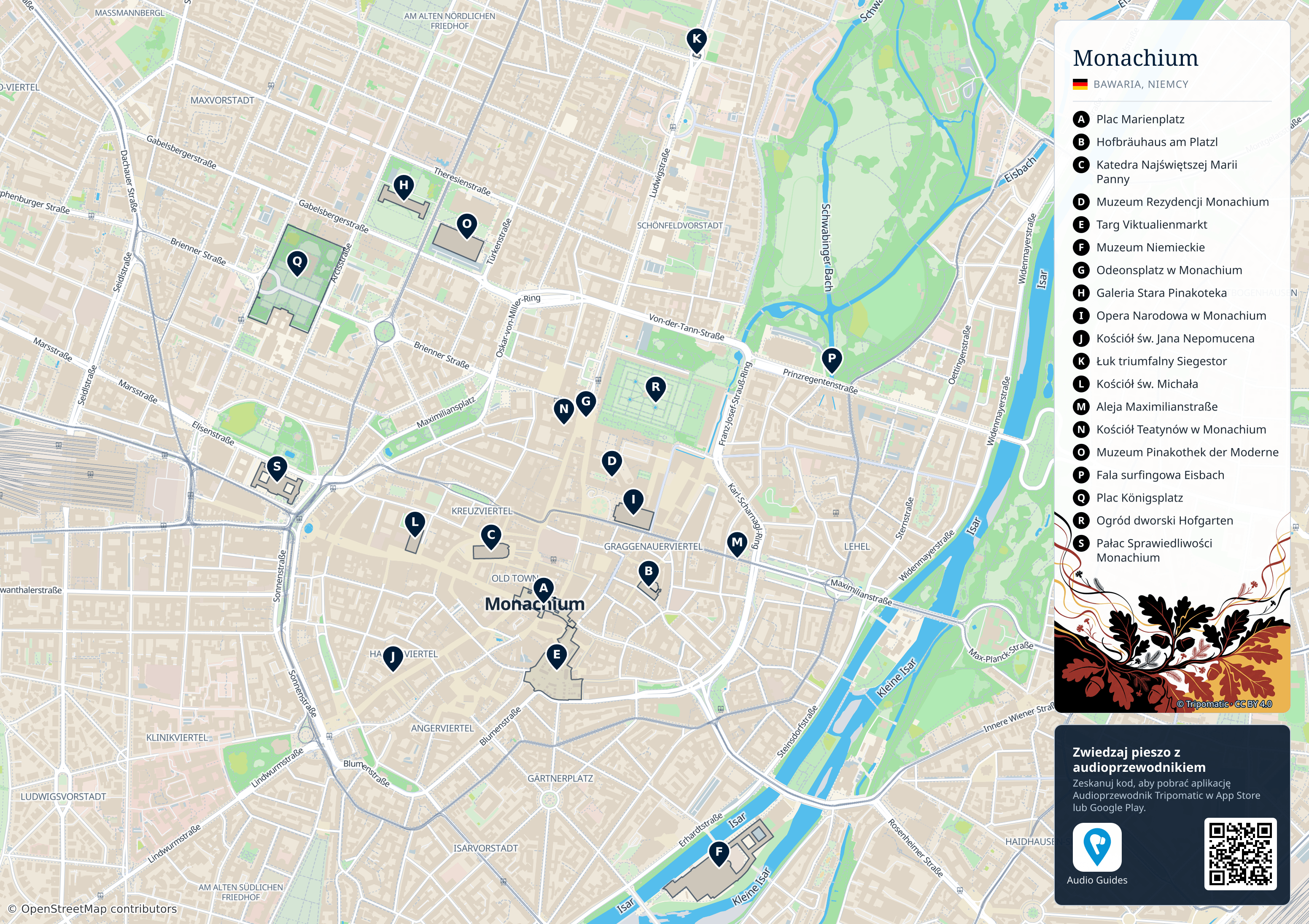 Monachium – turystyczna mapa do druku z ponumerowanymi atrakcjami