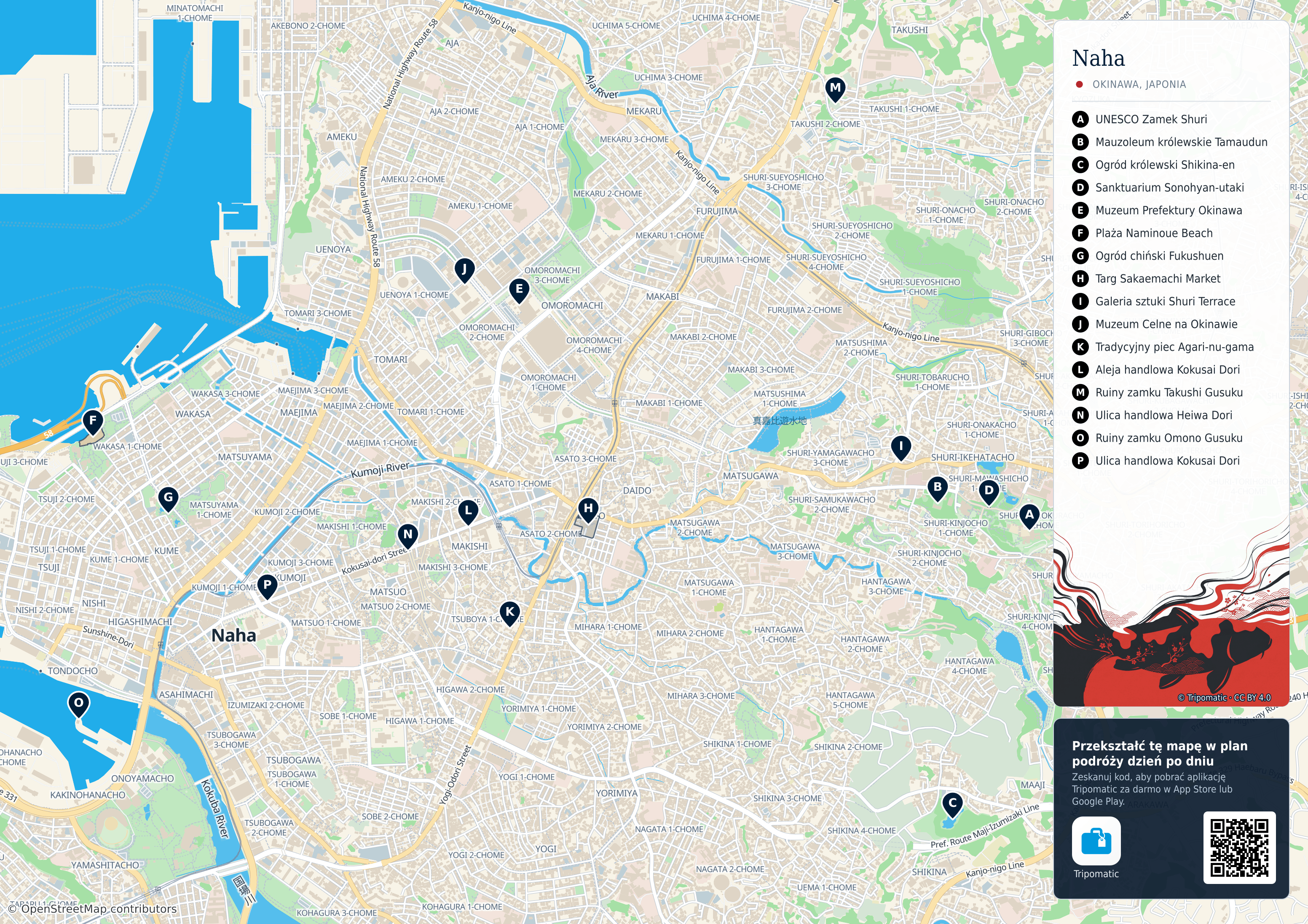 Naha – turystyczna mapa do druku z ponumerowanymi atrakcjami