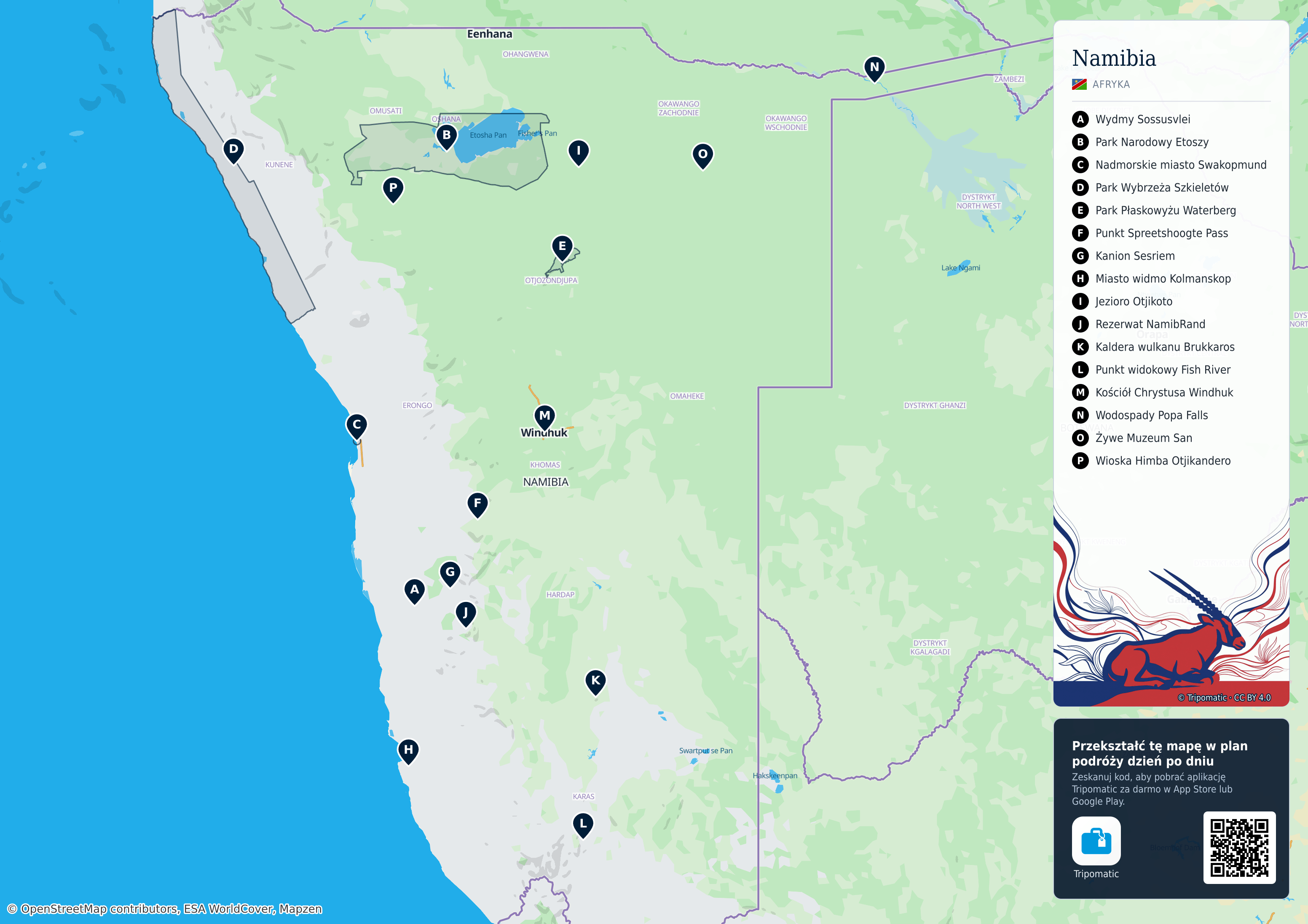 Namibia – turystyczna mapa do druku z ponumerowanymi atrakcjami