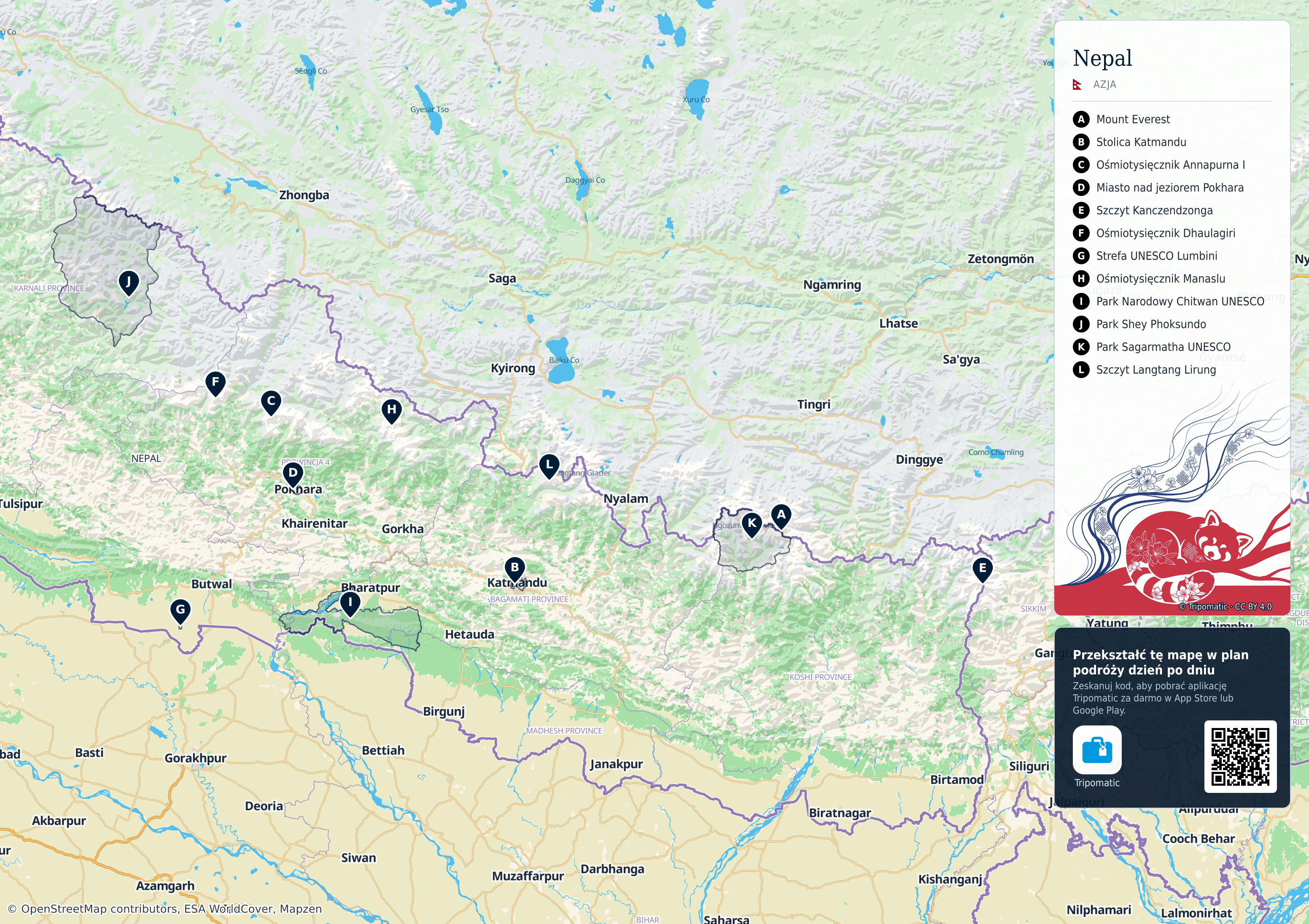 Nepal – turystyczna mapa do druku z ponumerowanymi atrakcjami