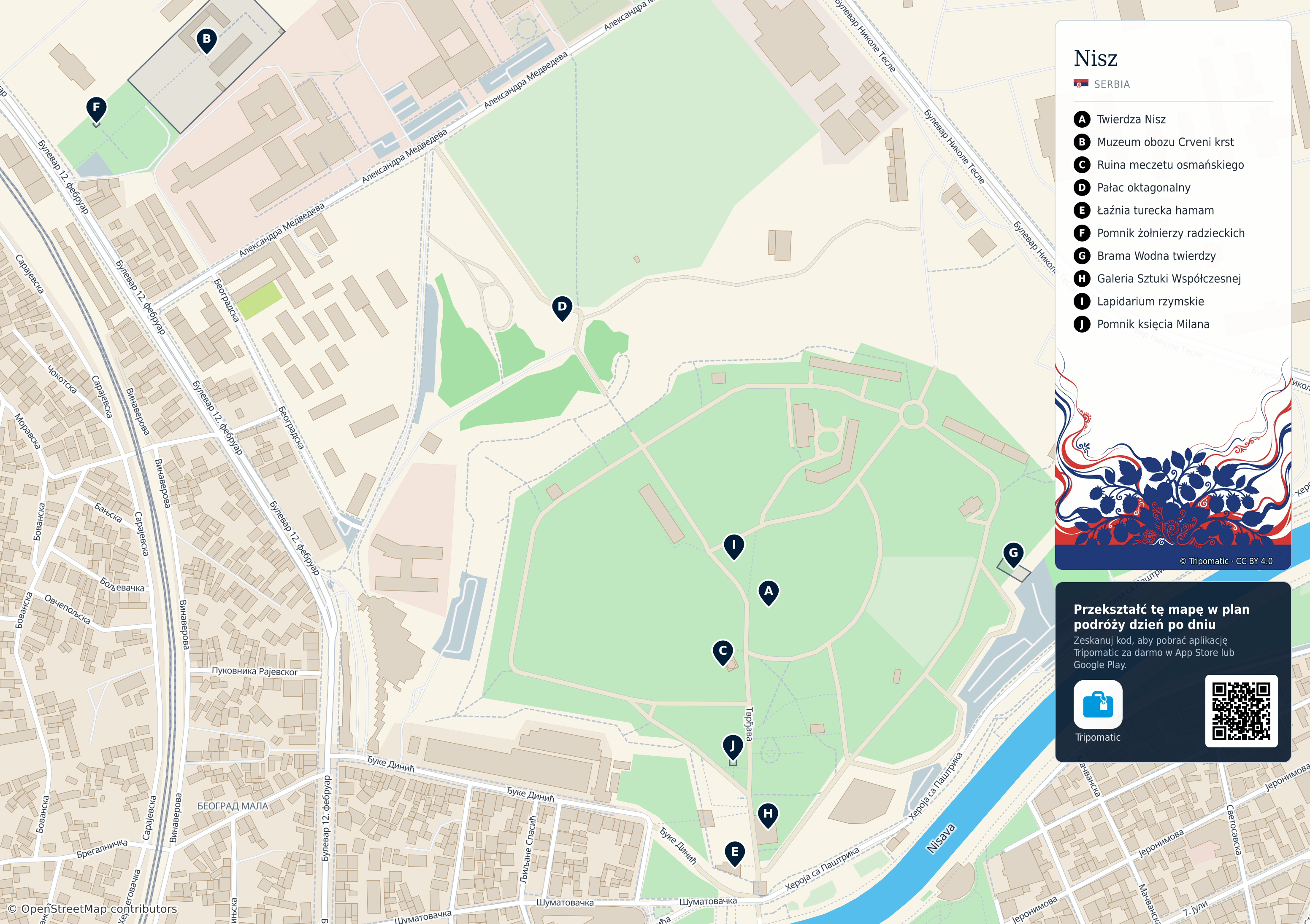 Nisz – turystyczna mapa do druku z ponumerowanymi atrakcjami