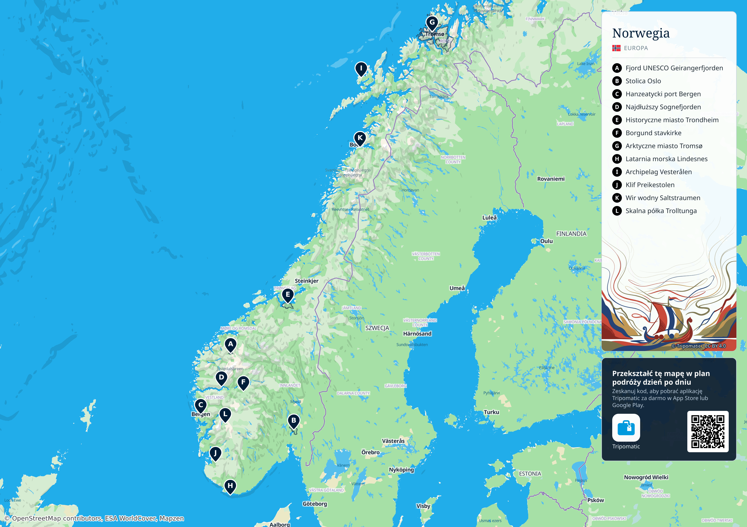 Norwegia – turystyczna mapa do druku z ponumerowanymi atrakcjami
