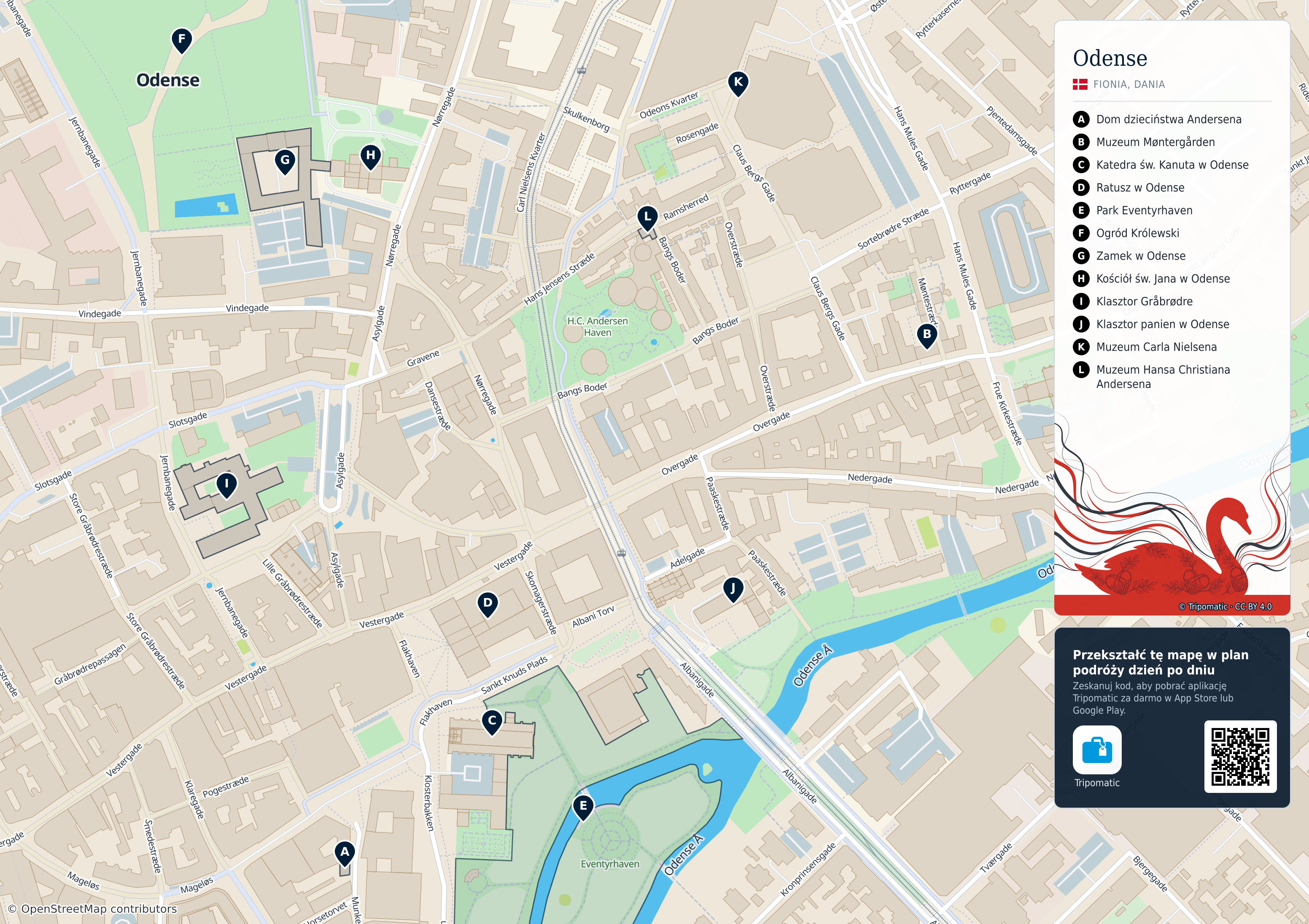 Odense – turystyczna mapa do druku z ponumerowanymi atrakcjami
