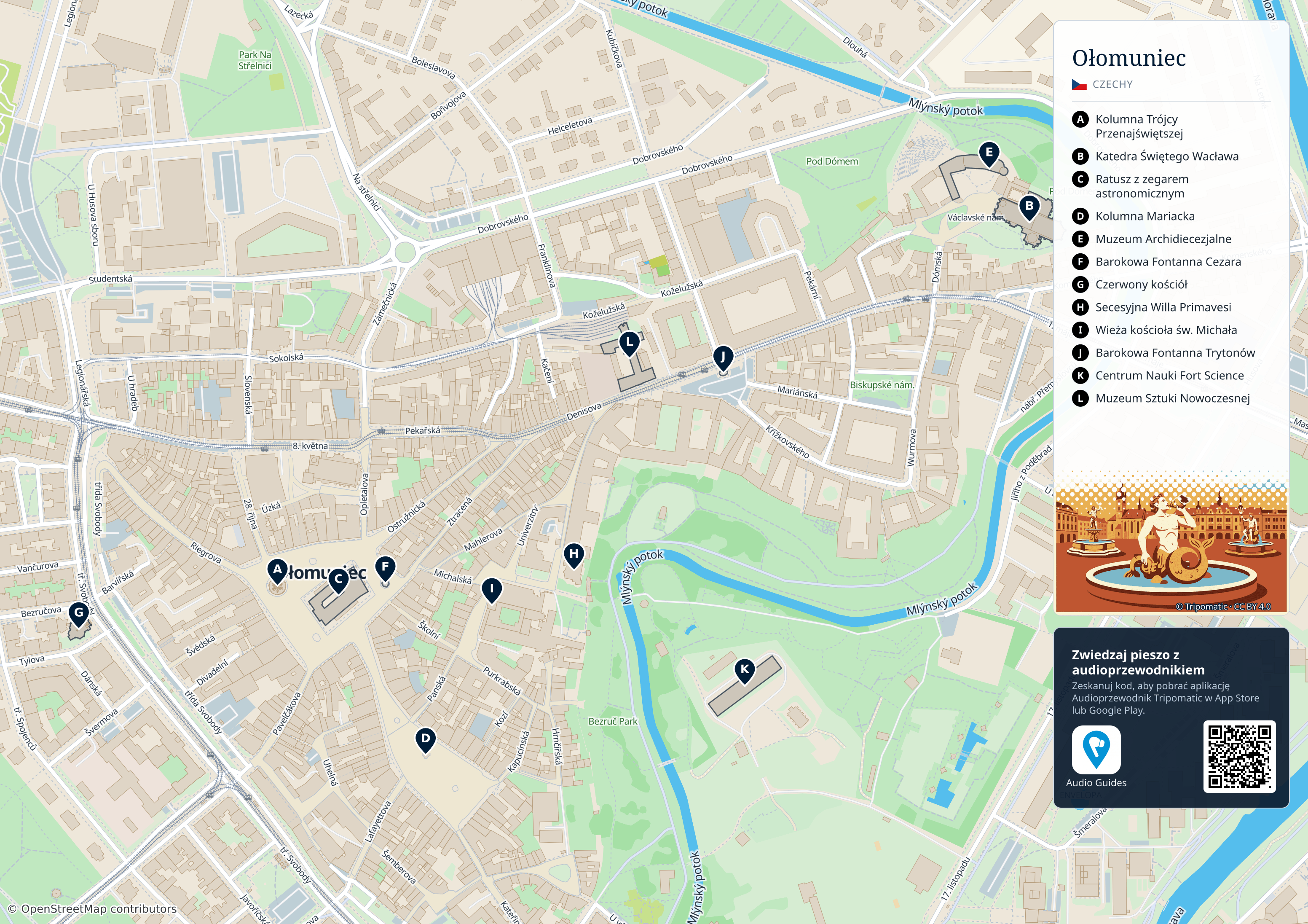 Ołomuniec – turystyczna mapa do druku z ponumerowanymi atrakcjami