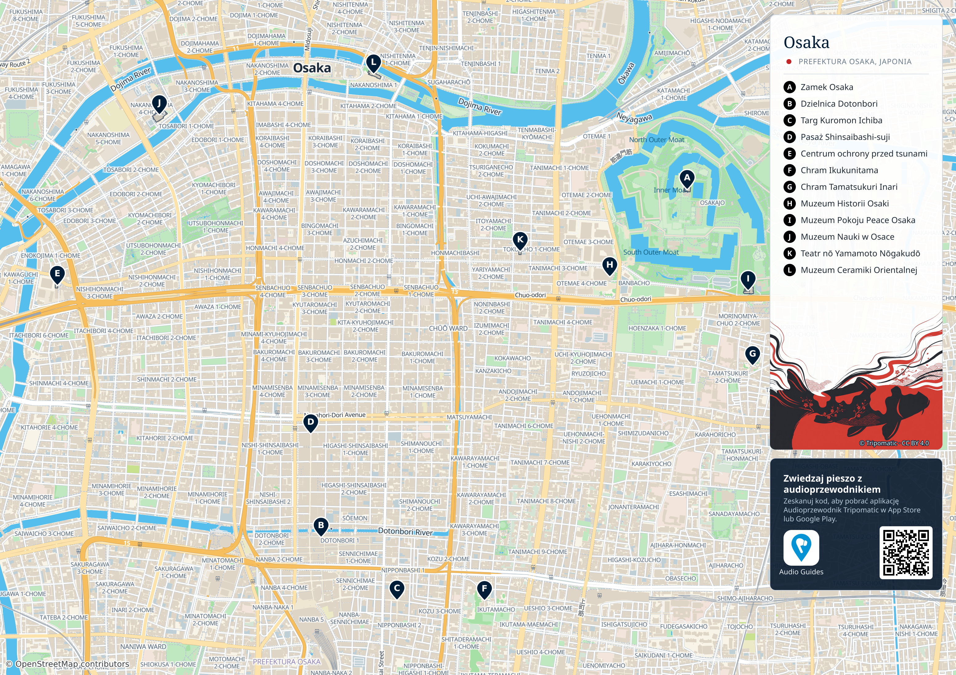 Osaka – turystyczna mapa do druku z ponumerowanymi atrakcjami
