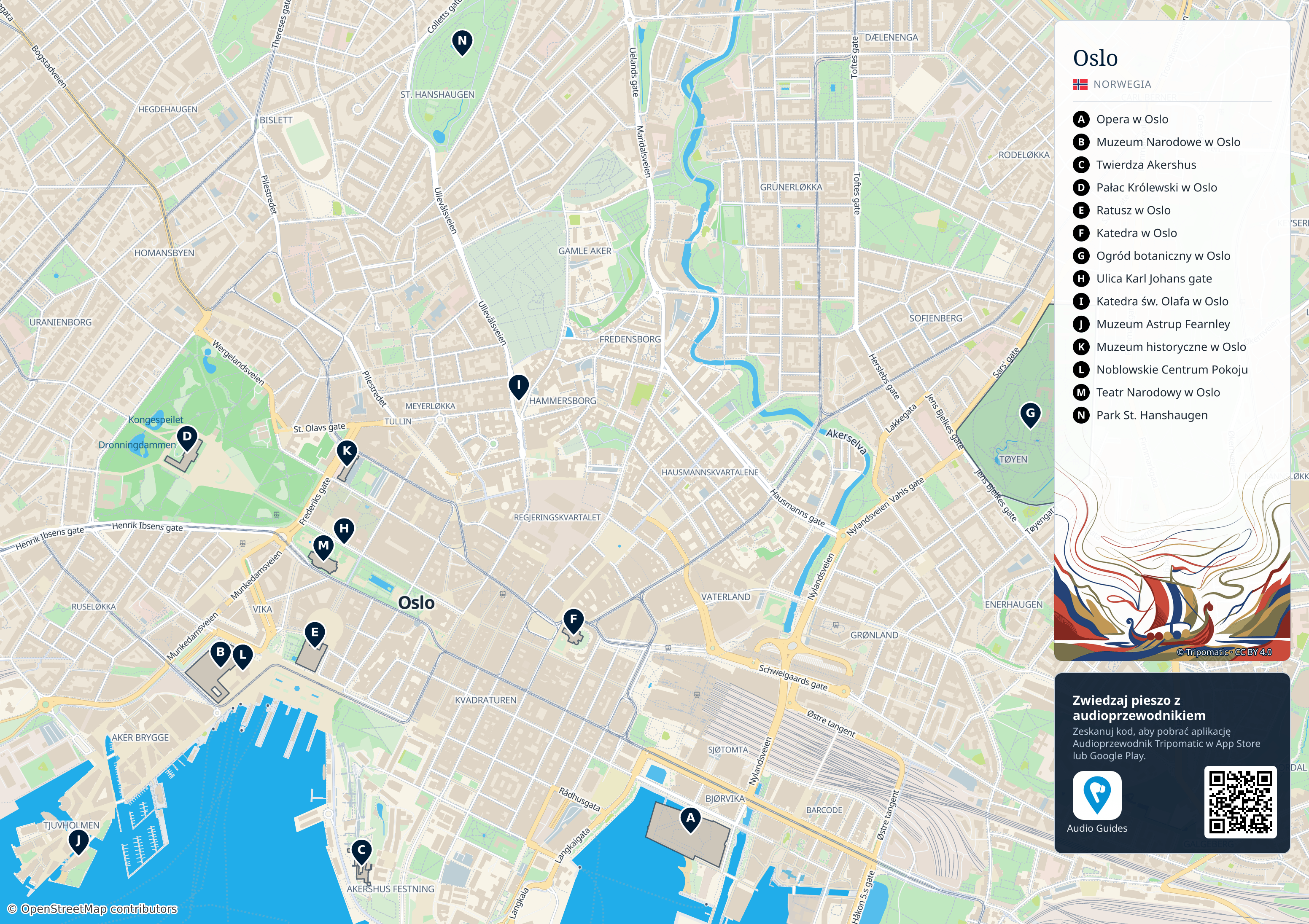 Oslo – turystyczna mapa do druku z ponumerowanymi atrakcjami