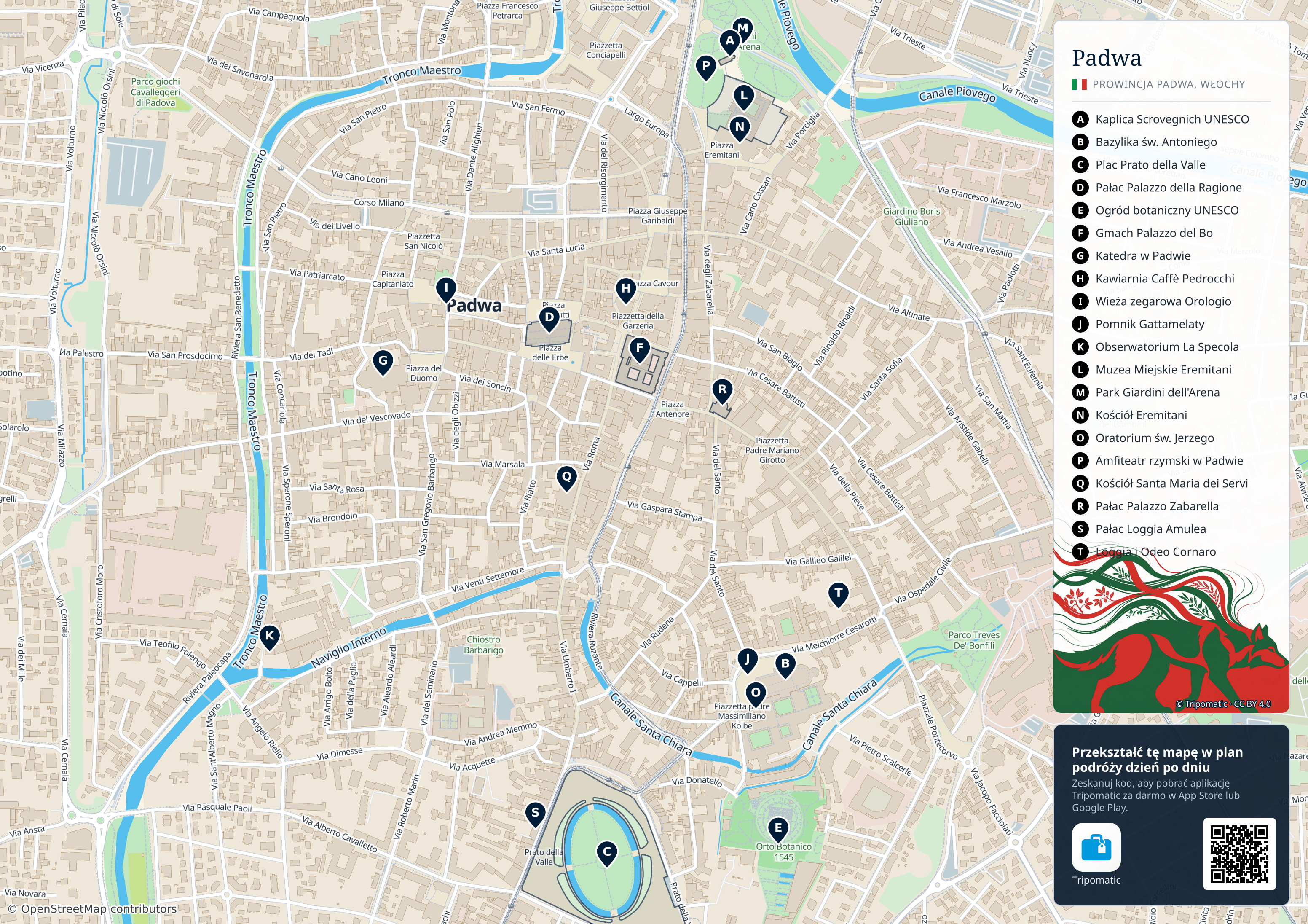 Padwa – turystyczna mapa do druku z ponumerowanymi atrakcjami