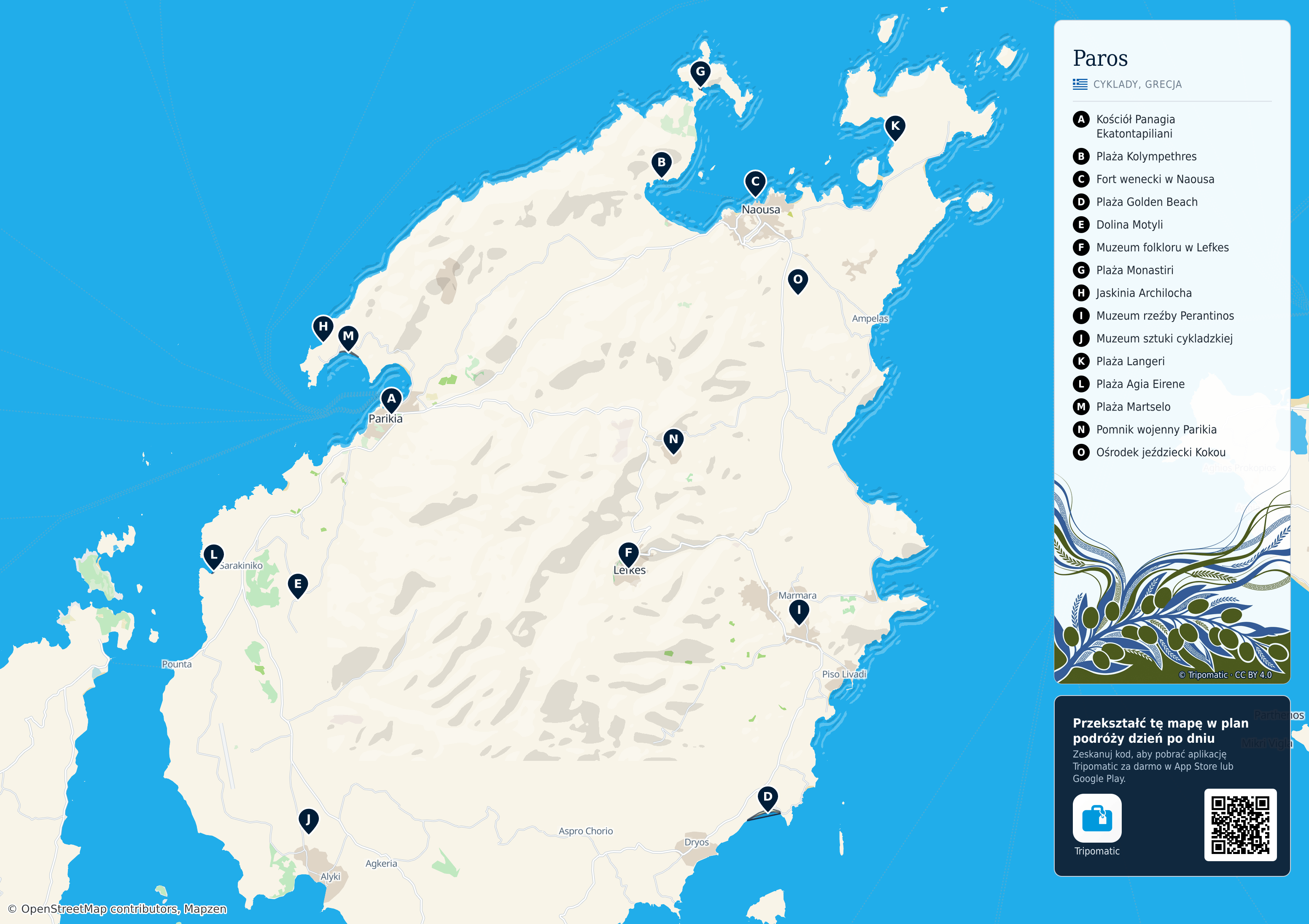 Paros – turystyczna mapa do druku z ponumerowanymi atrakcjami