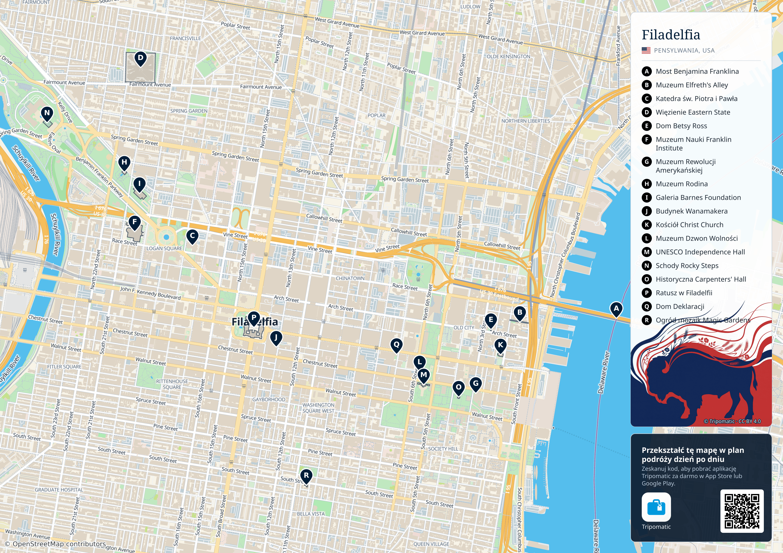 Filadelfia – turystyczna mapa do druku z ponumerowanymi atrakcjami
