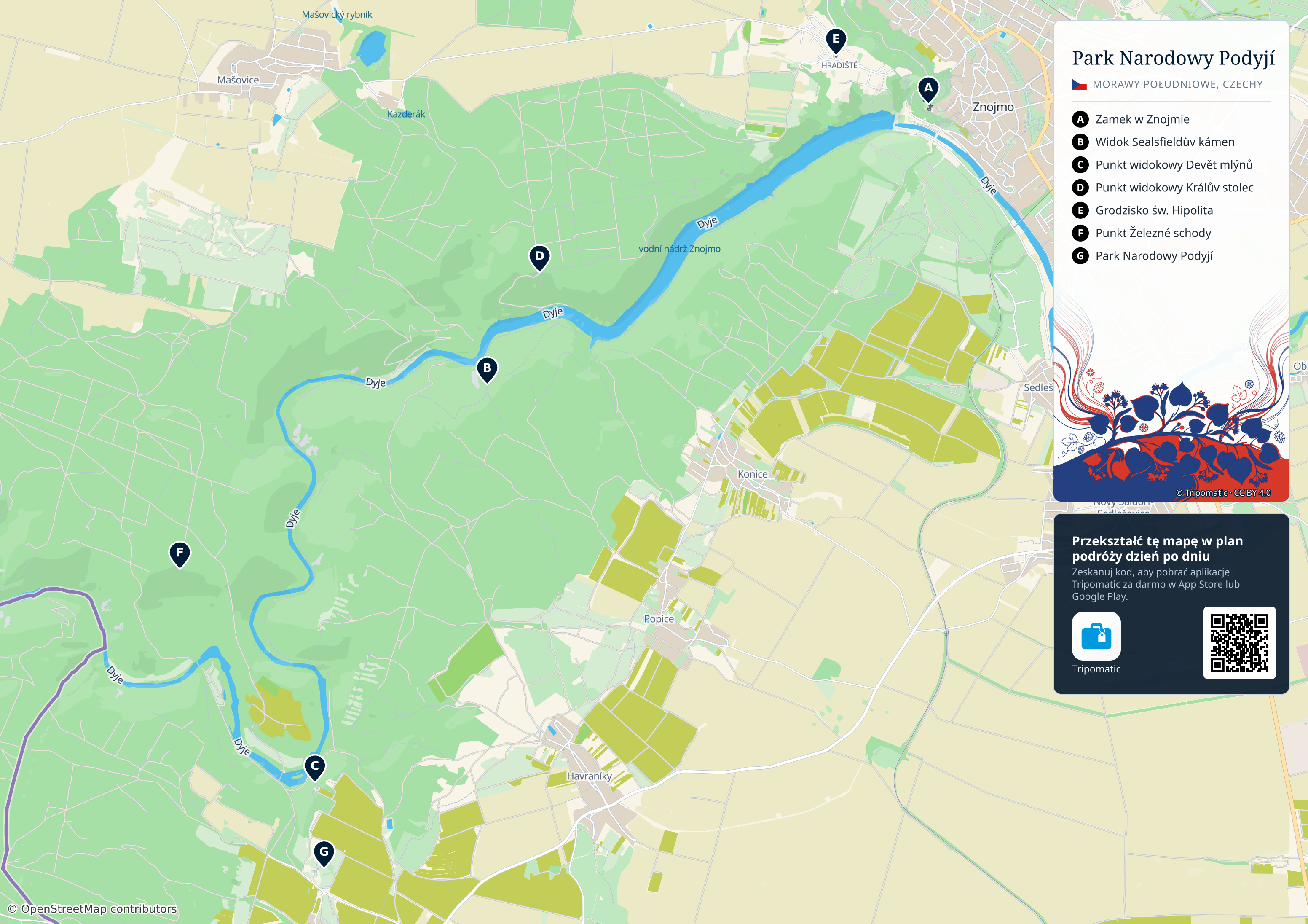 Park Narodowy Podyjí – turystyczna mapa do druku z ponumerowanymi atrakcjami