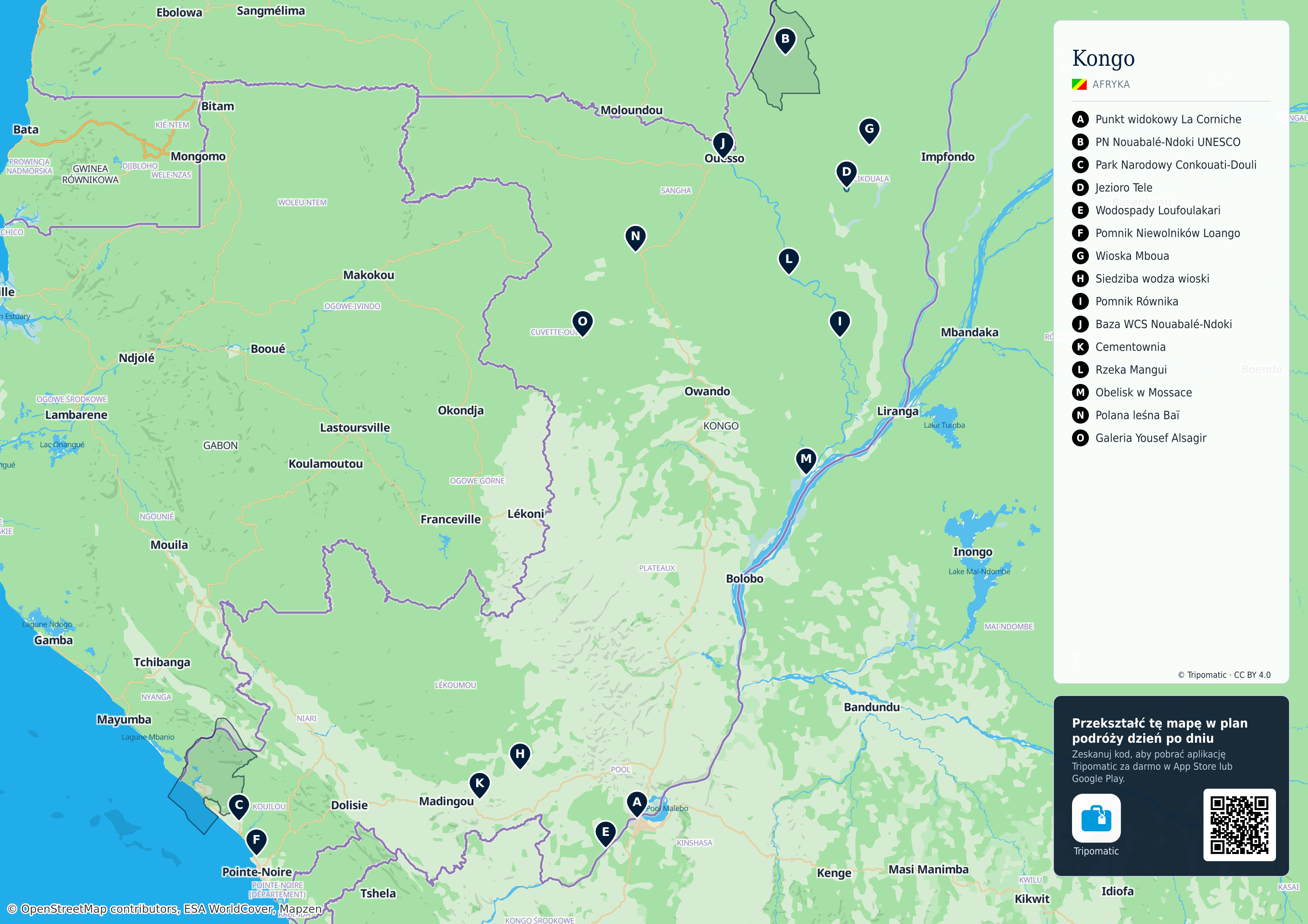 Kongo – turystyczna mapa do druku z ponumerowanymi atrakcjami