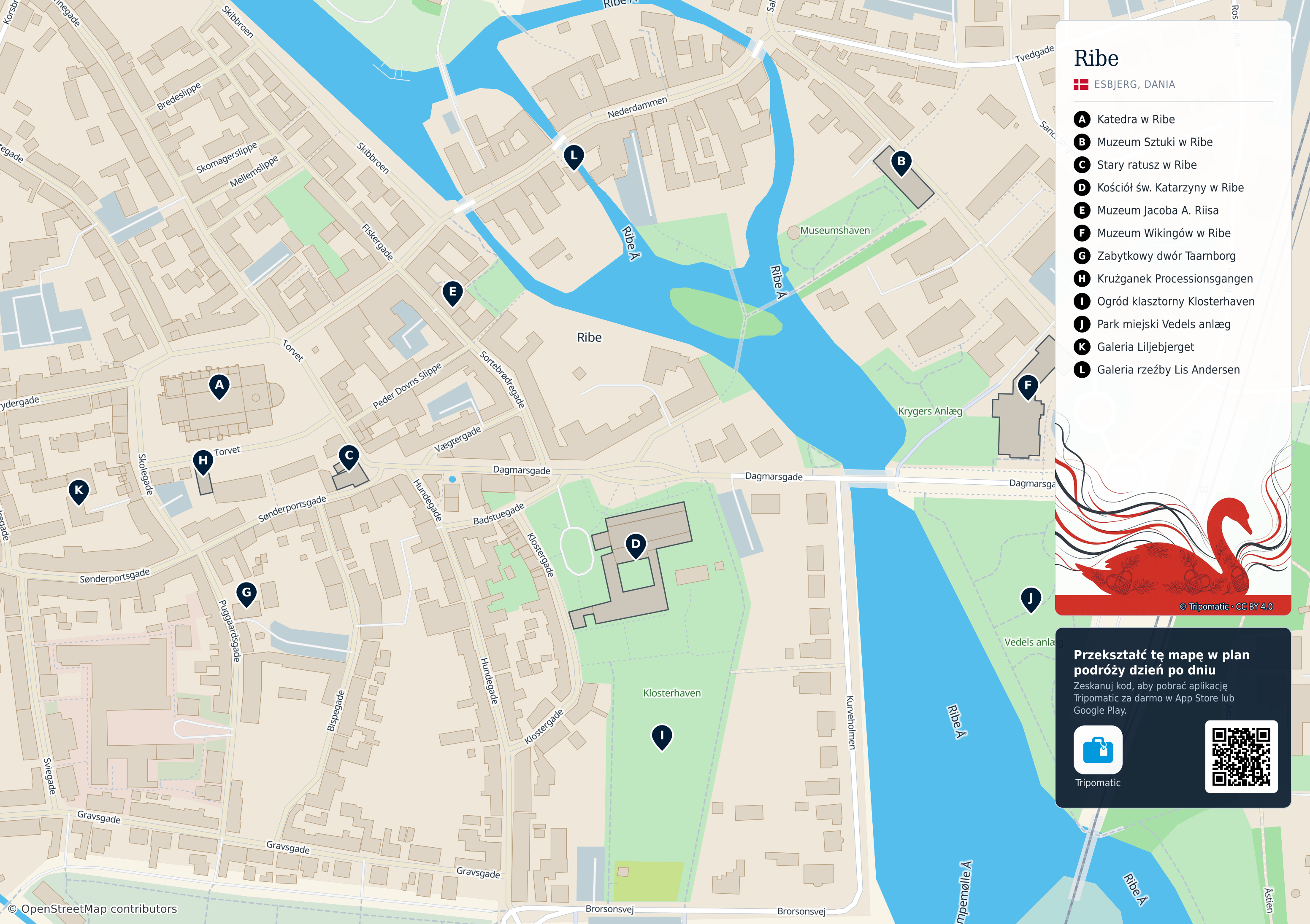 Ribe – turystyczna mapa do druku z ponumerowanymi atrakcjami
