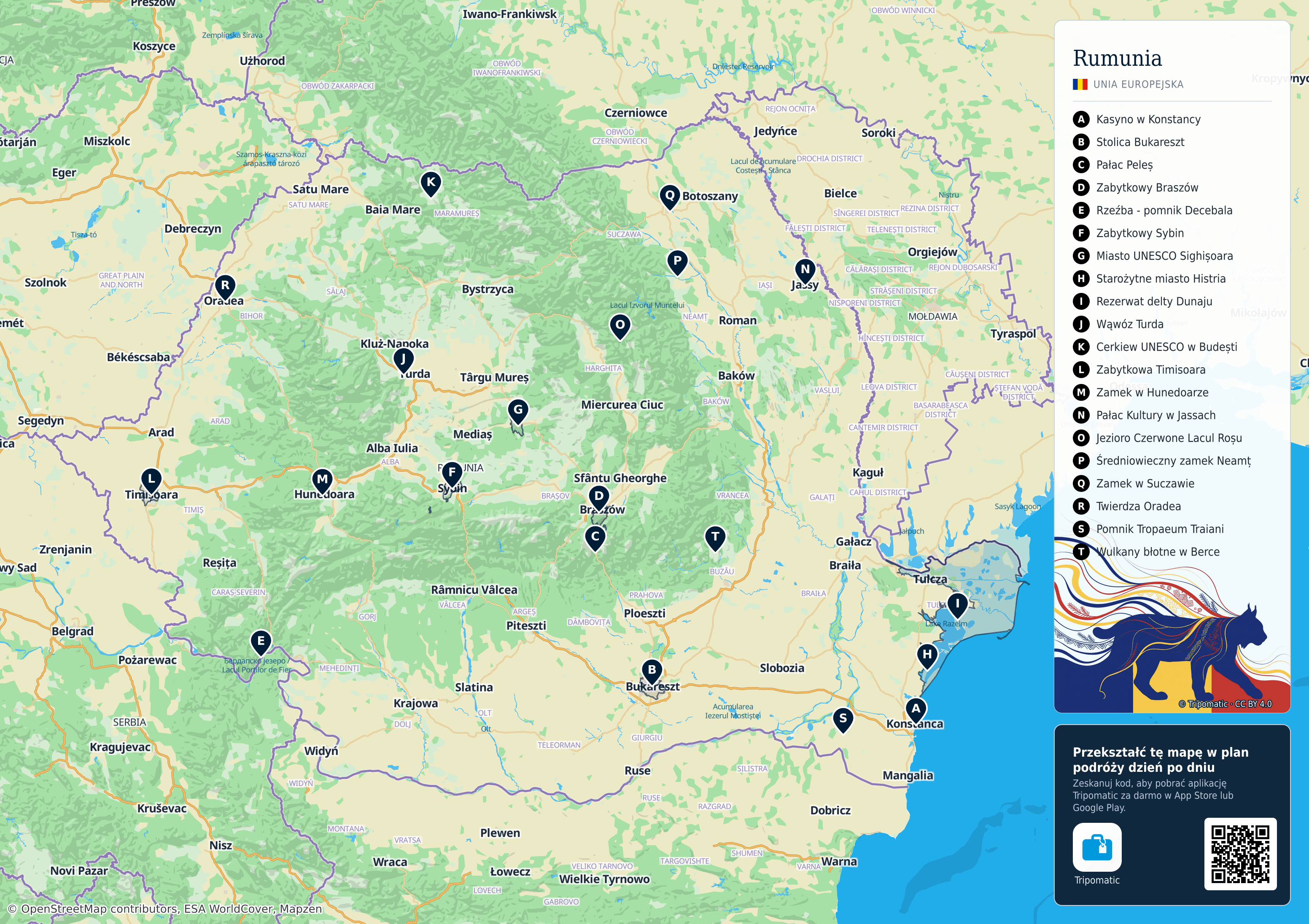 Rumunia – turystyczna mapa do druku z ponumerowanymi atrakcjami