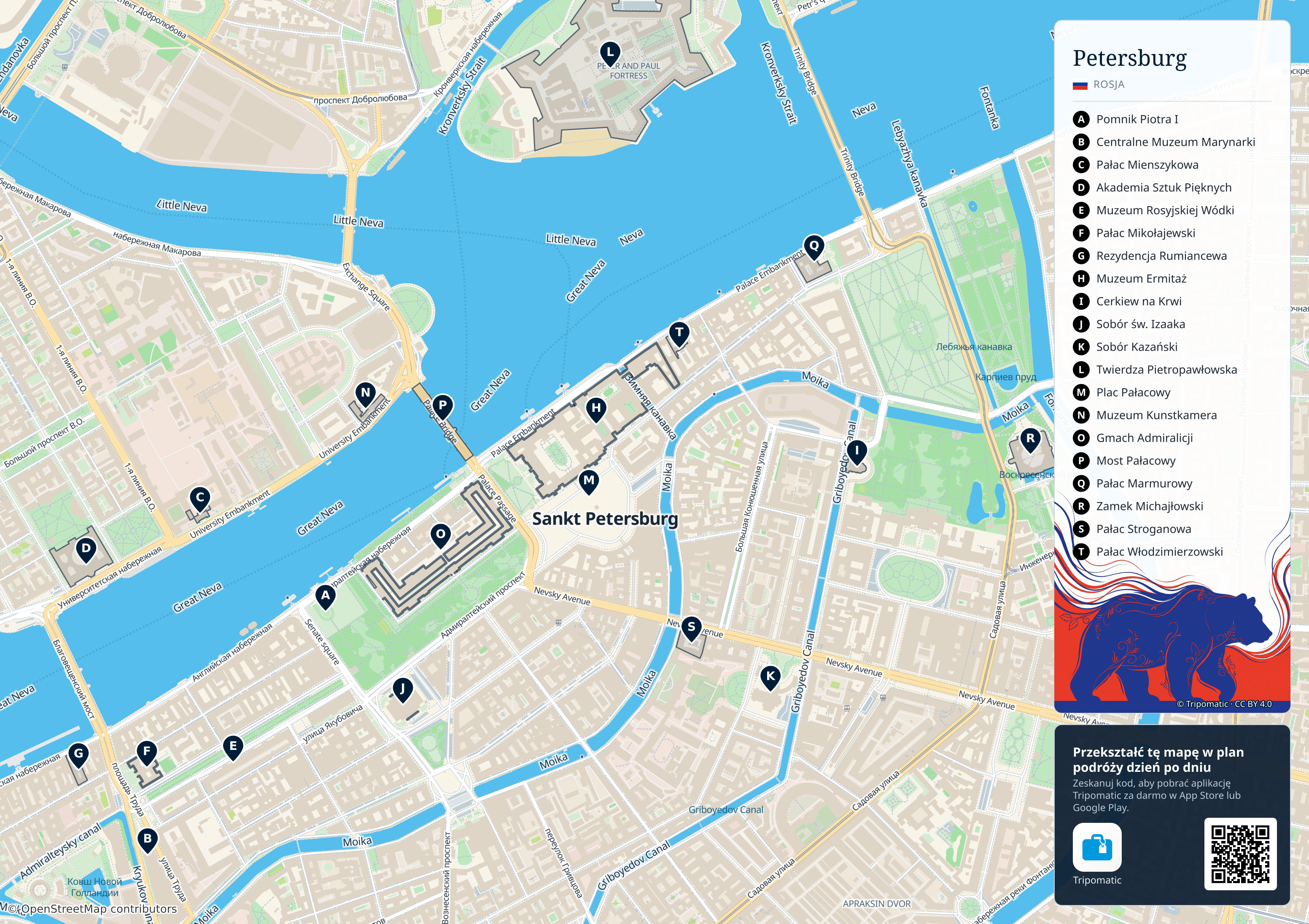 Petersburg – turystyczna mapa do druku z ponumerowanymi atrakcjami