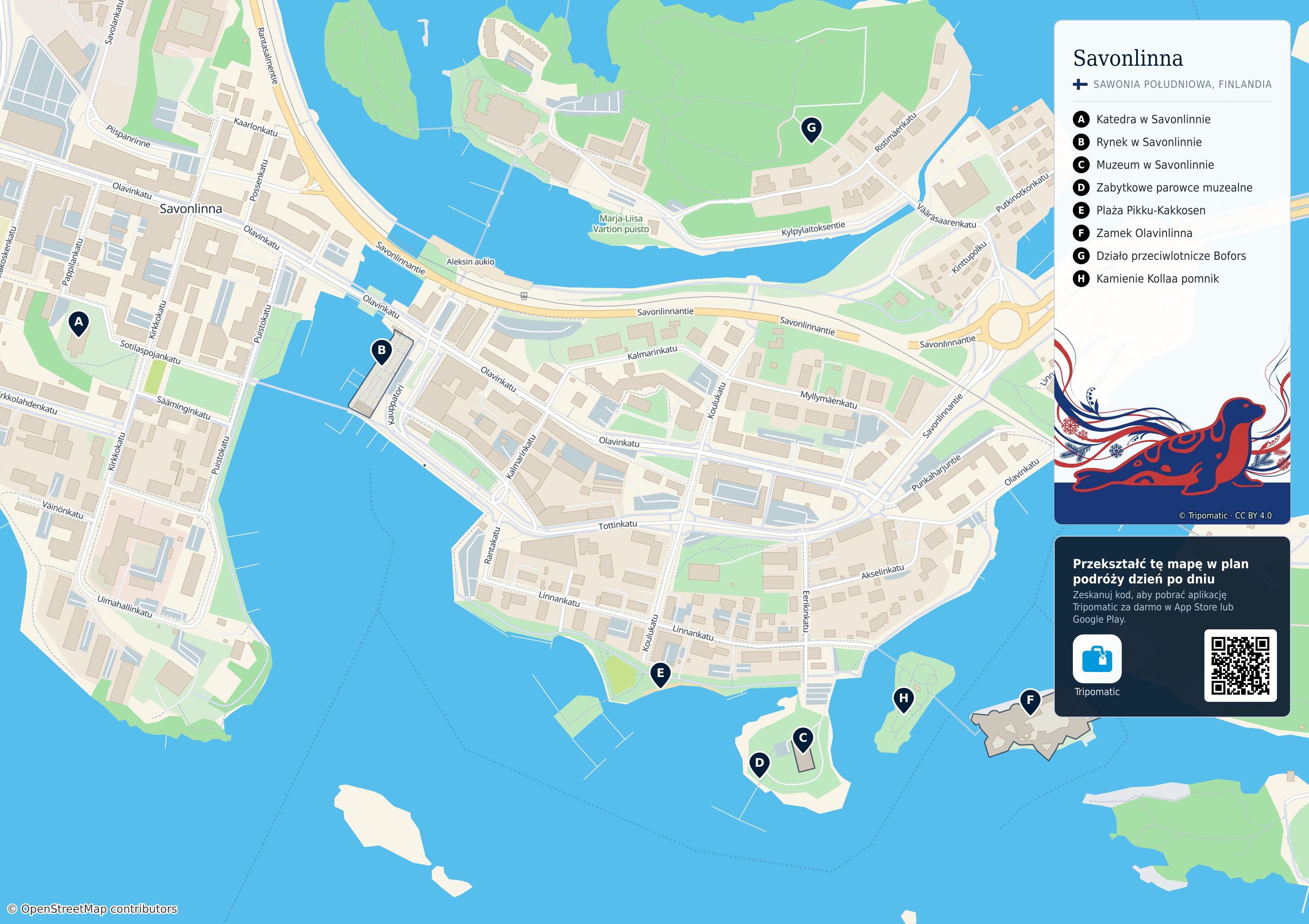 Savonlinna – turystyczna mapa do druku z ponumerowanymi atrakcjami