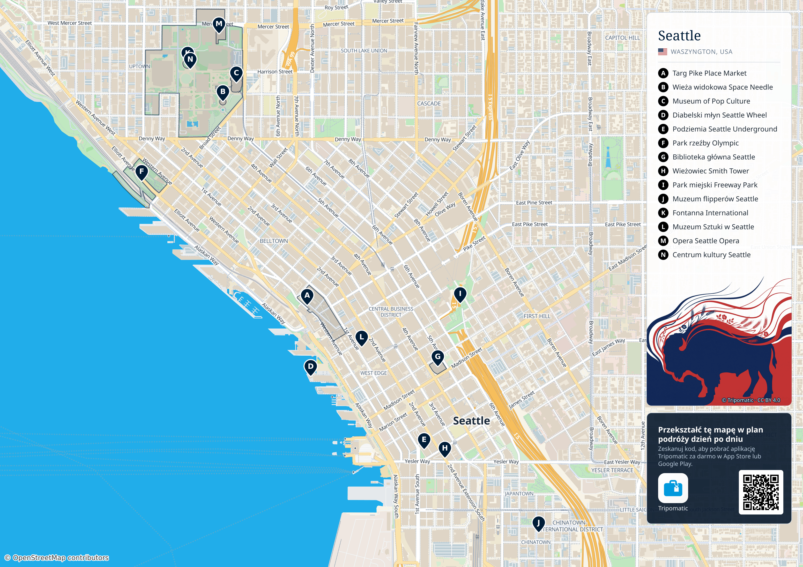 Seattle – turystyczna mapa do druku z ponumerowanymi atrakcjami