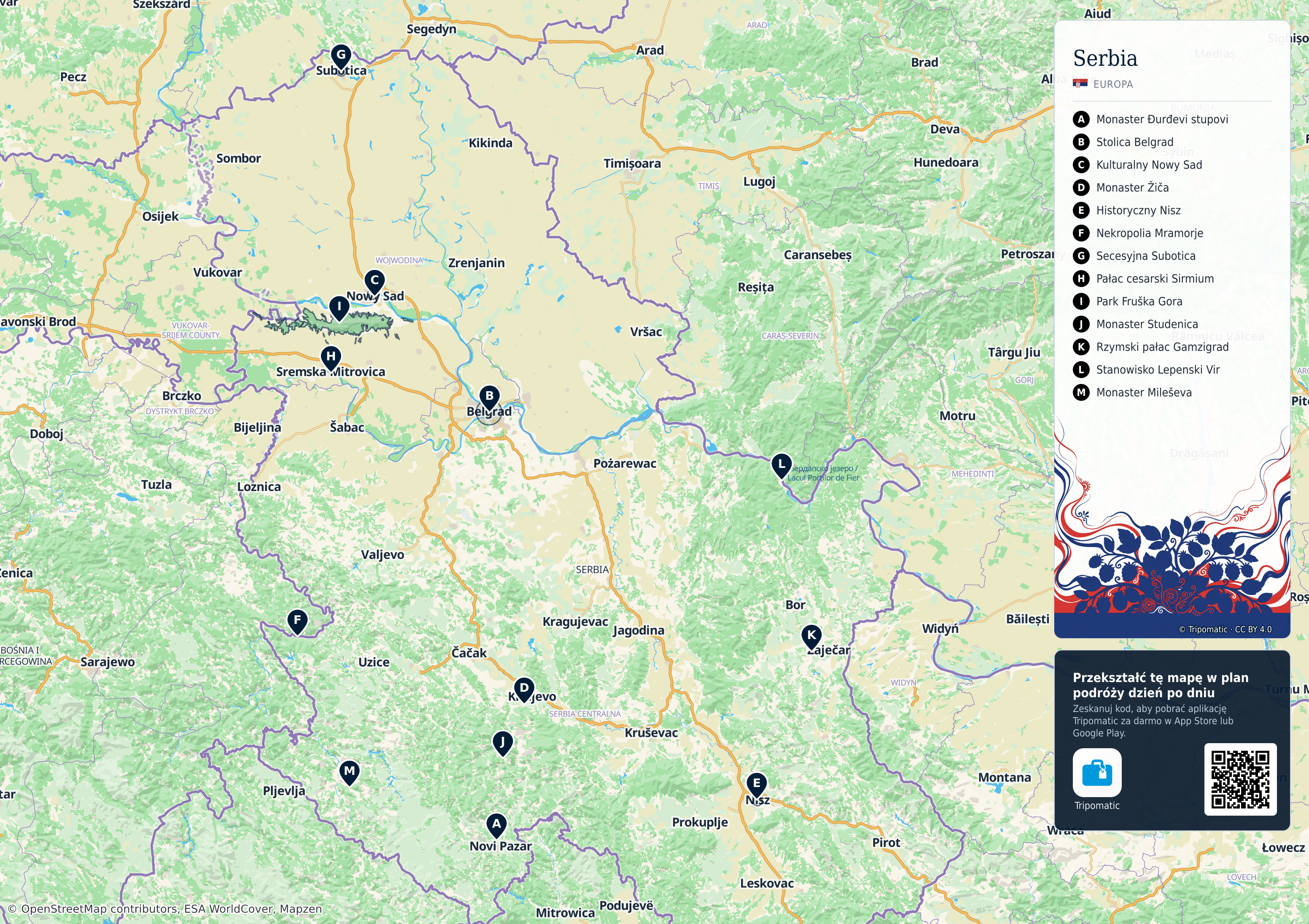 Serbia – turystyczna mapa do druku z ponumerowanymi atrakcjami