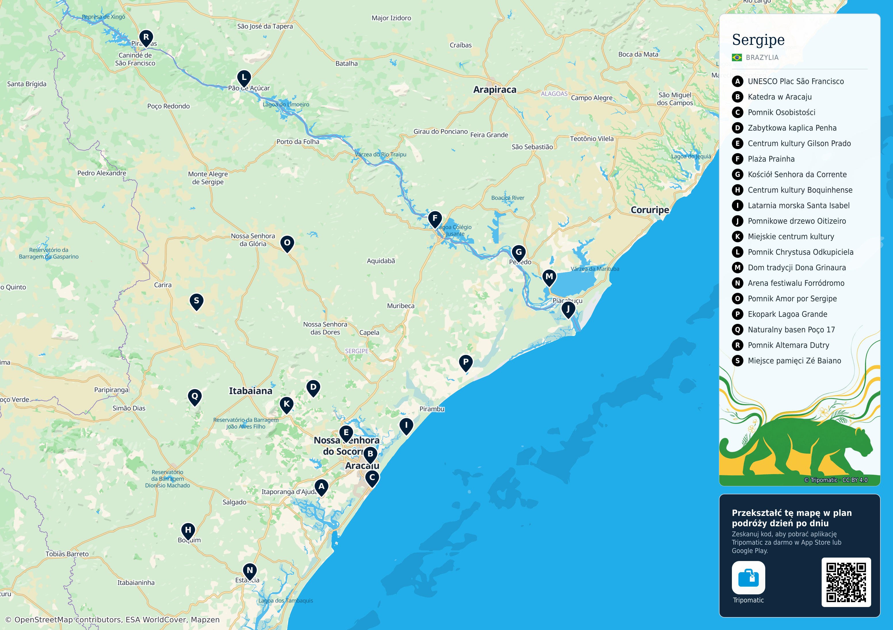 Sergipe – turystyczna mapa do druku z ponumerowanymi atrakcjami