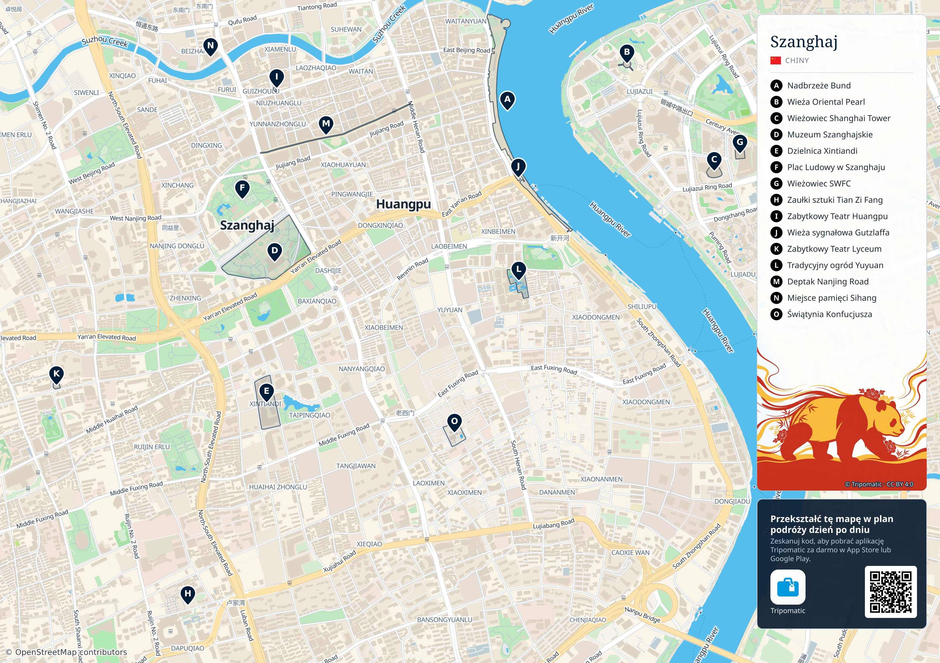 Szanghaj – turystyczna mapa do druku z ponumerowanymi atrakcjami