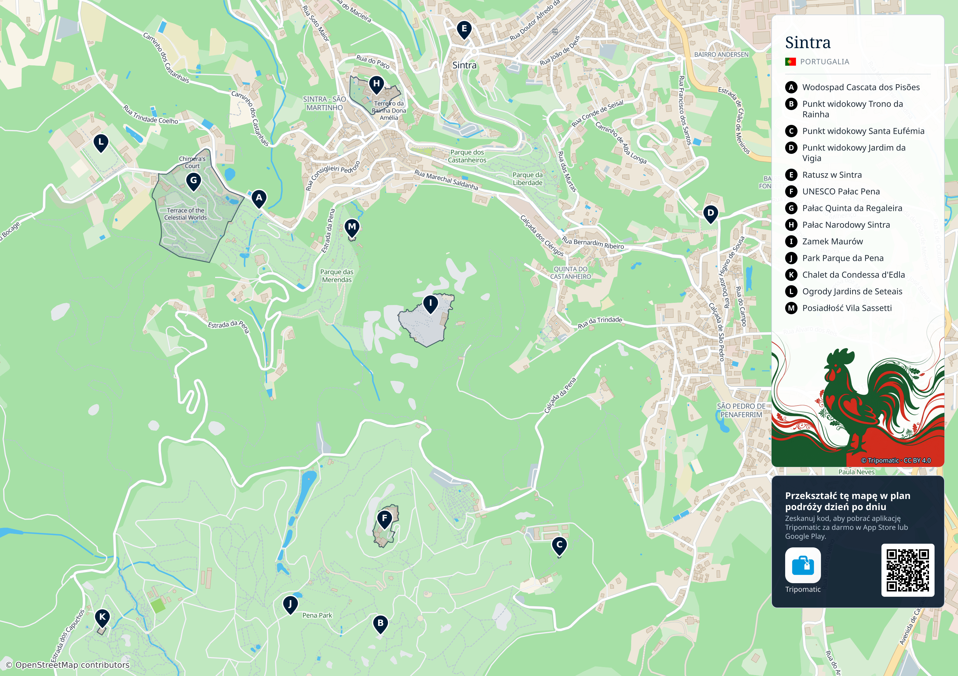 Sintra – turystyczna mapa do druku z ponumerowanymi atrakcjami
