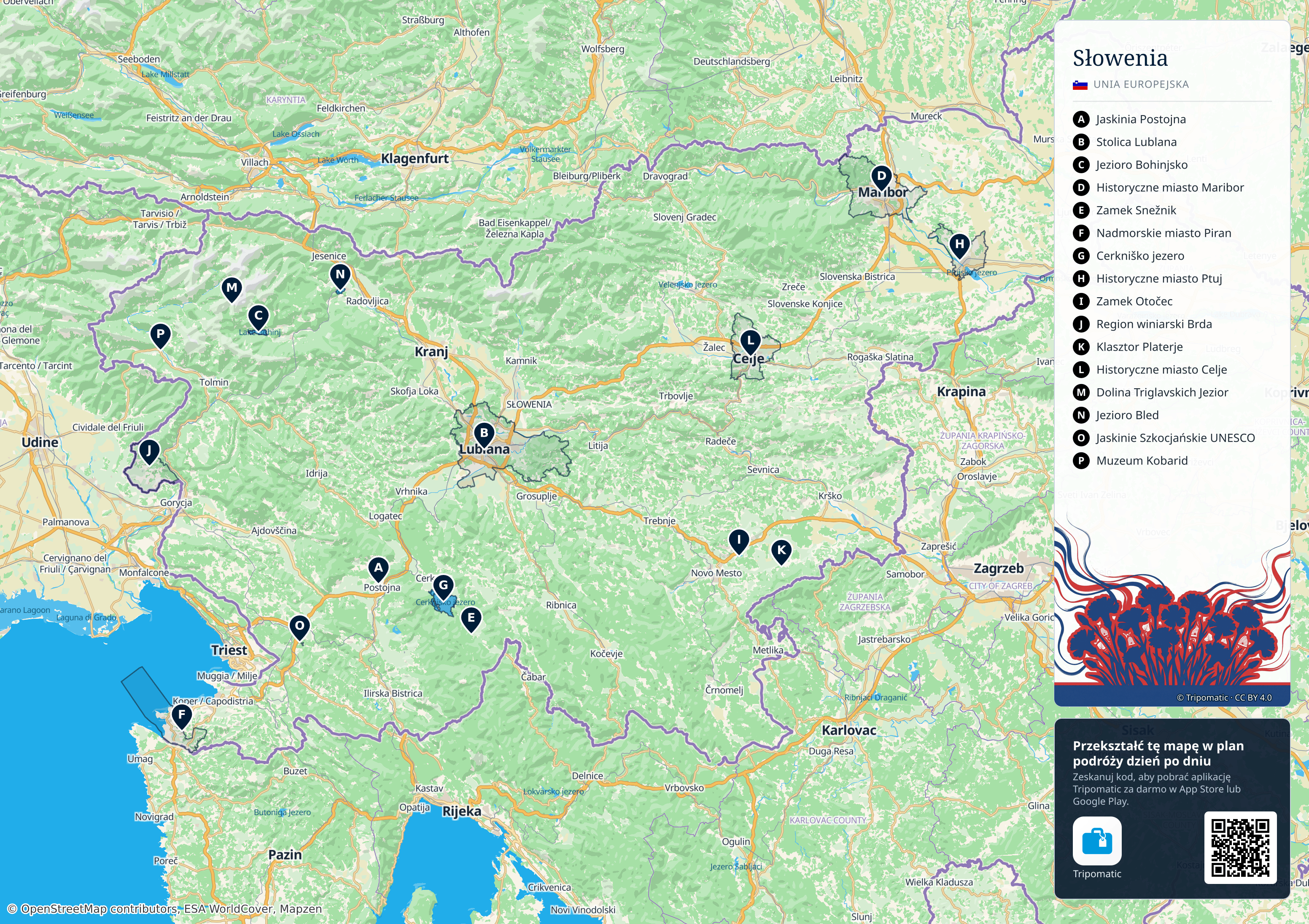 Słowenia – turystyczna mapa do druku z ponumerowanymi atrakcjami