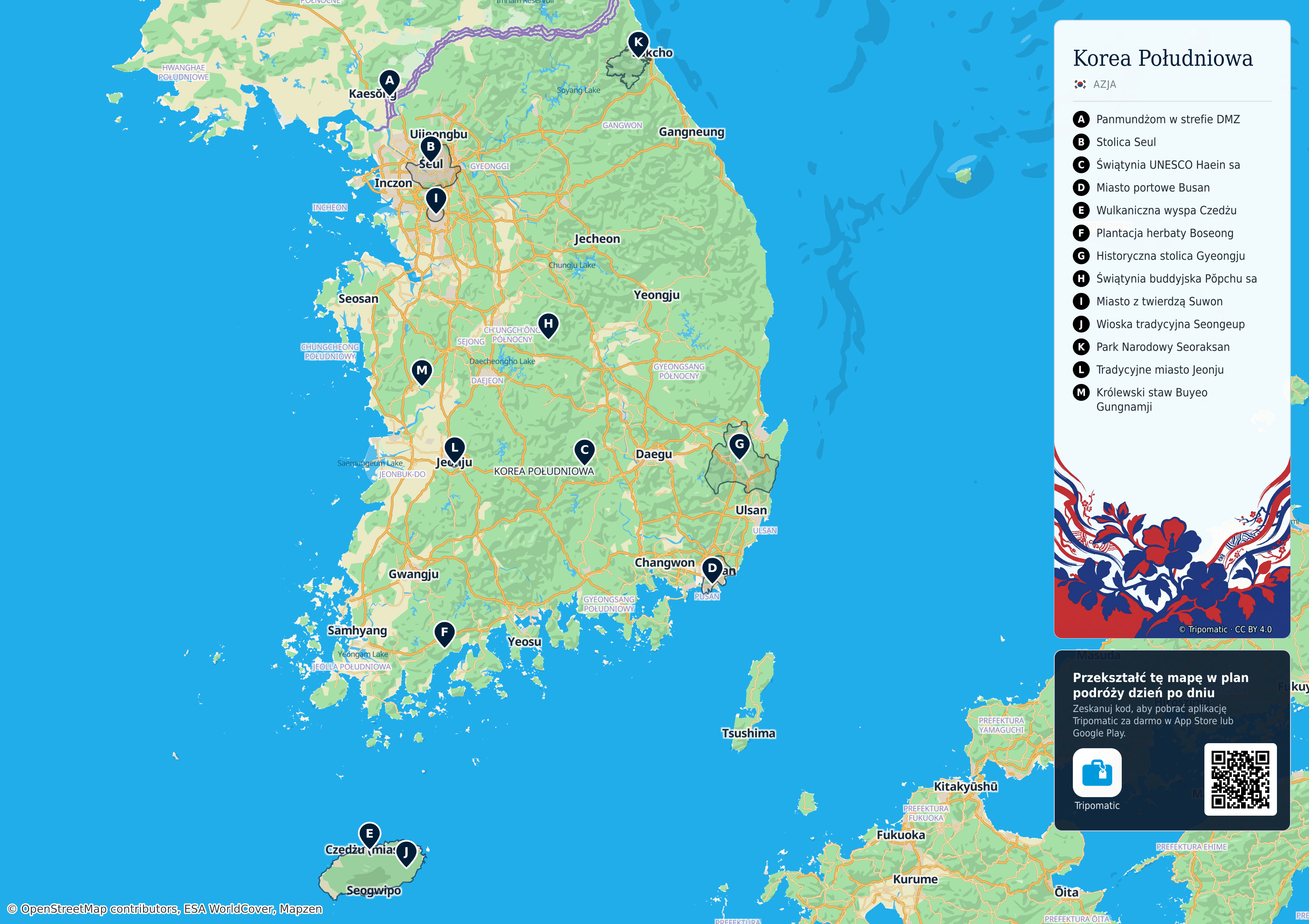 Korea Południowa – turystyczna mapa do druku z ponumerowanymi atrakcjami