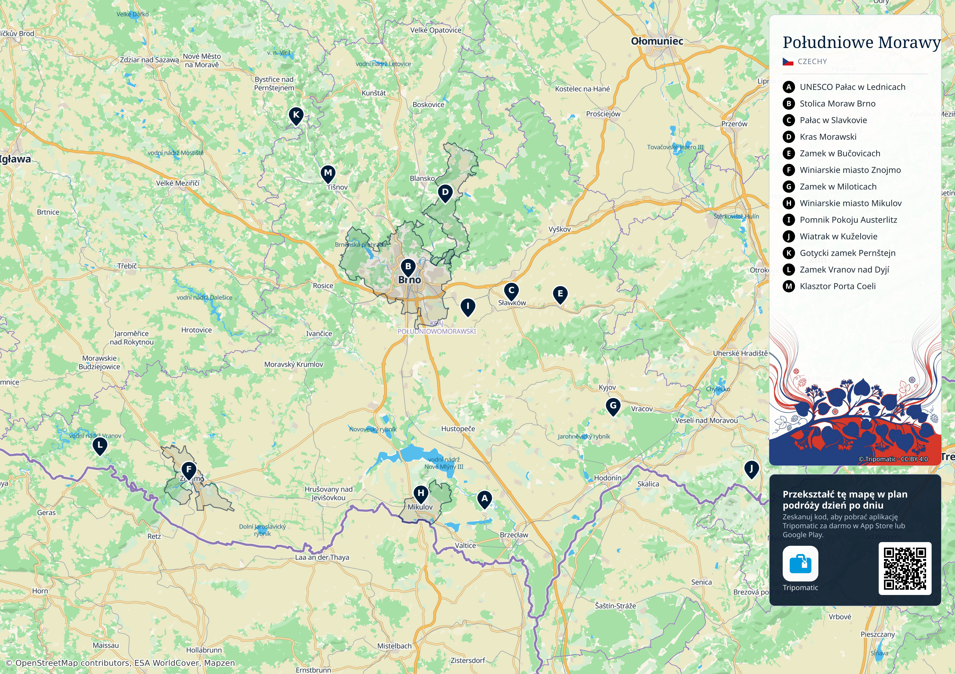 Kraj południowomorawski – turystyczna mapa do druku z ponumerowanymi atrakcjami
