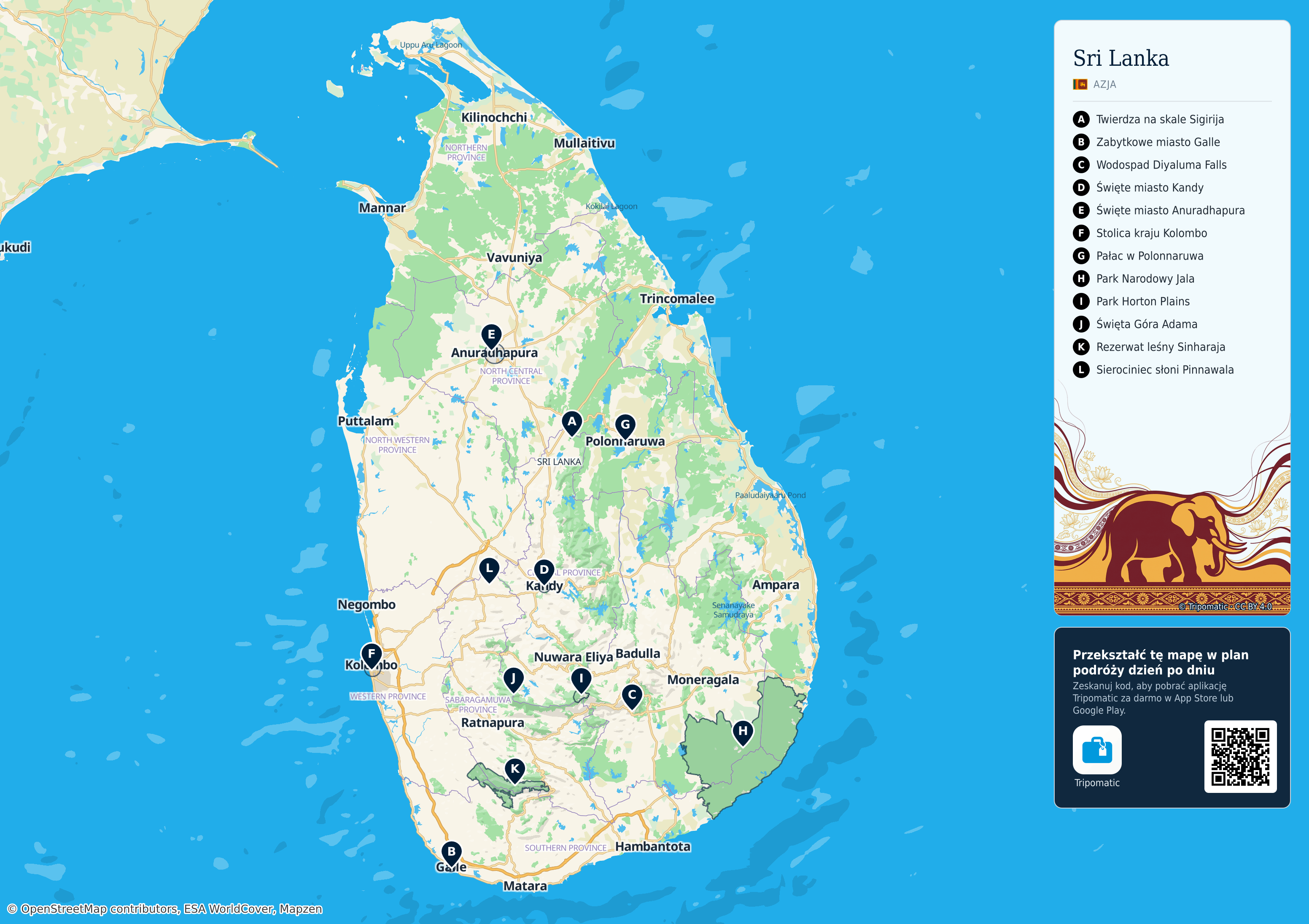 Sri Lanka – turystyczna mapa do druku z ponumerowanymi atrakcjami