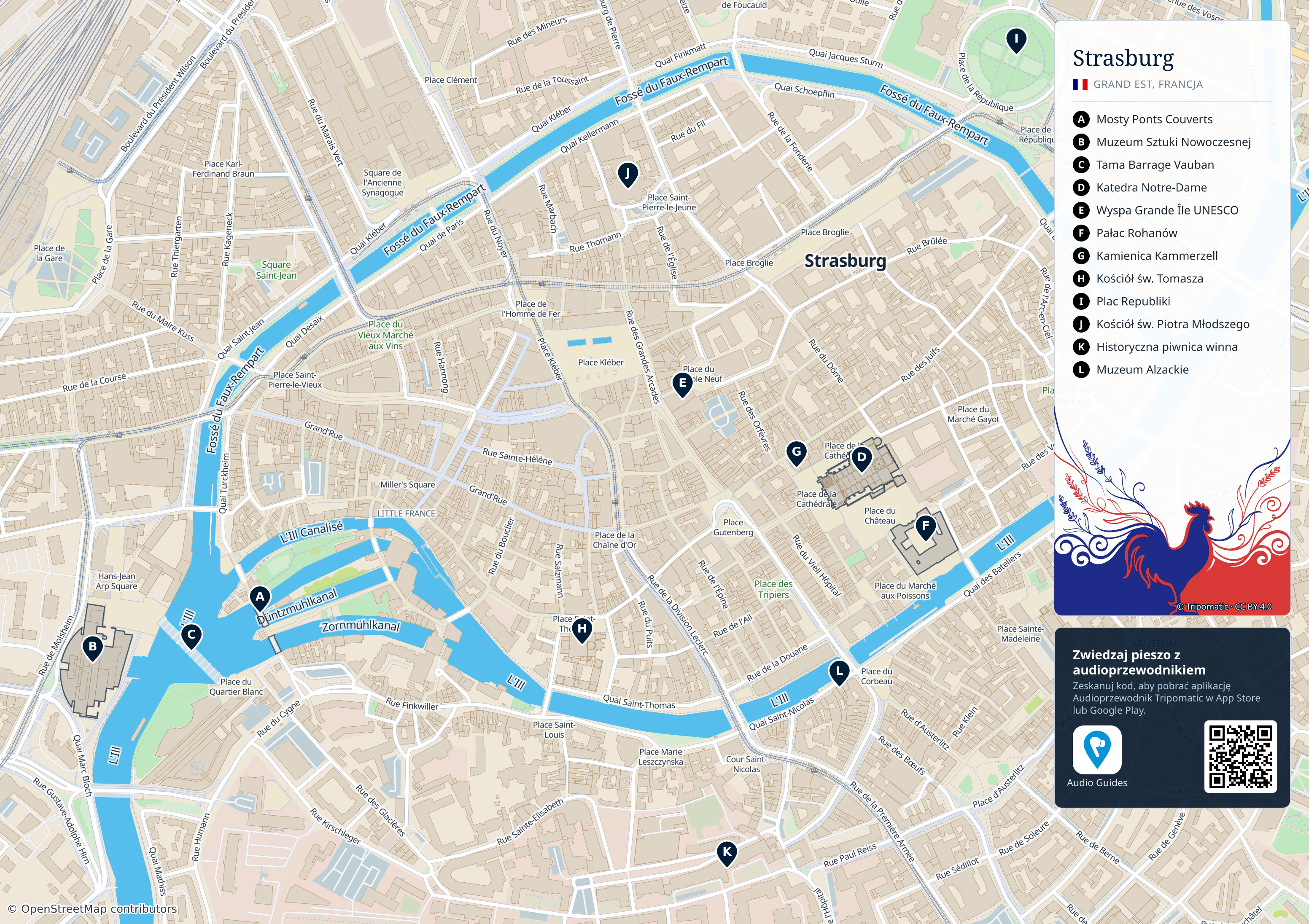 Strasburg – turystyczna mapa do druku z ponumerowanymi atrakcjami
