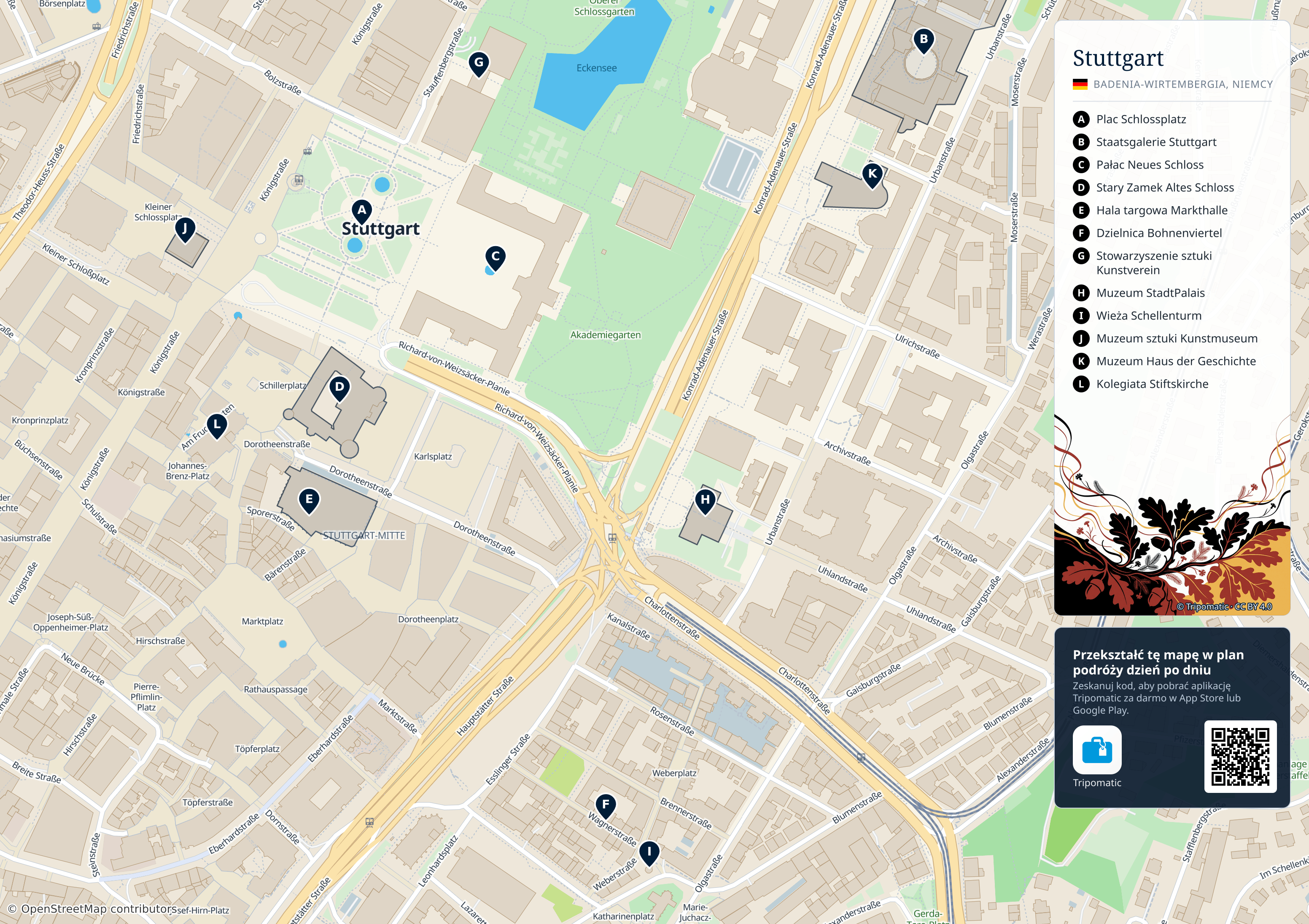 Stuttgart – turystyczna mapa do druku z ponumerowanymi atrakcjami