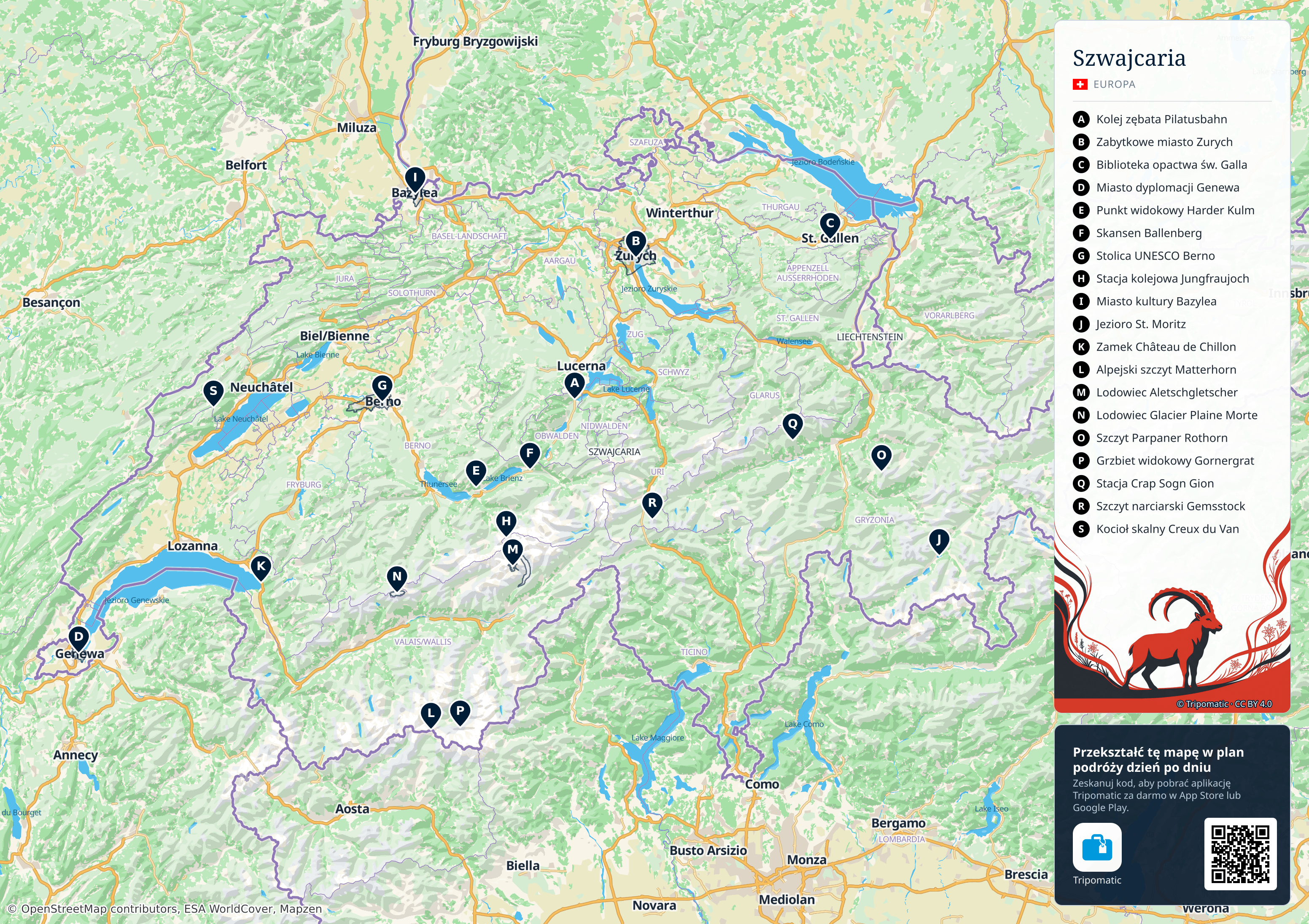 Szwajcaria – turystyczna mapa do druku z ponumerowanymi atrakcjami
