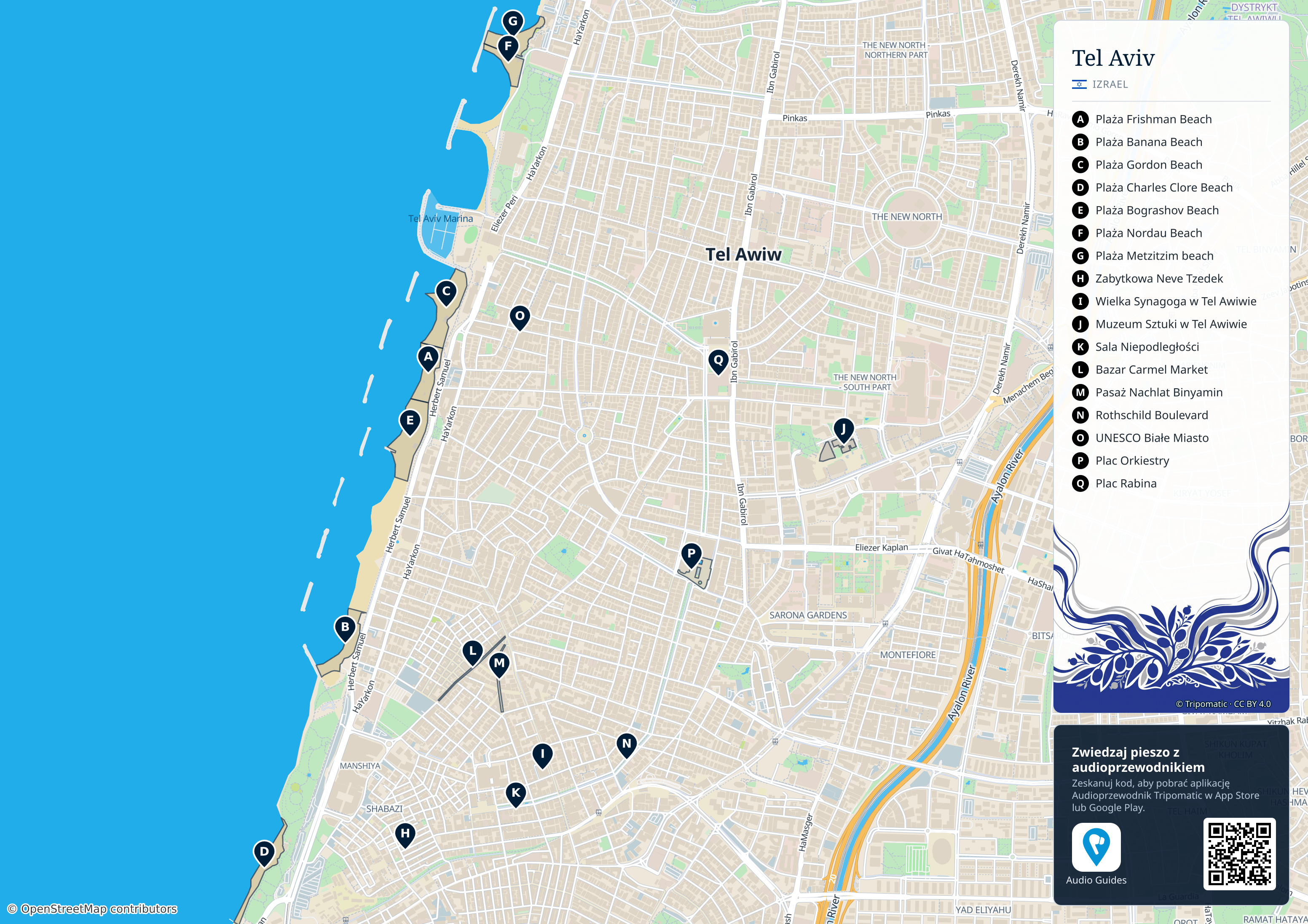 Tel Aviv – turystyczna mapa do druku z ponumerowanymi atrakcjami