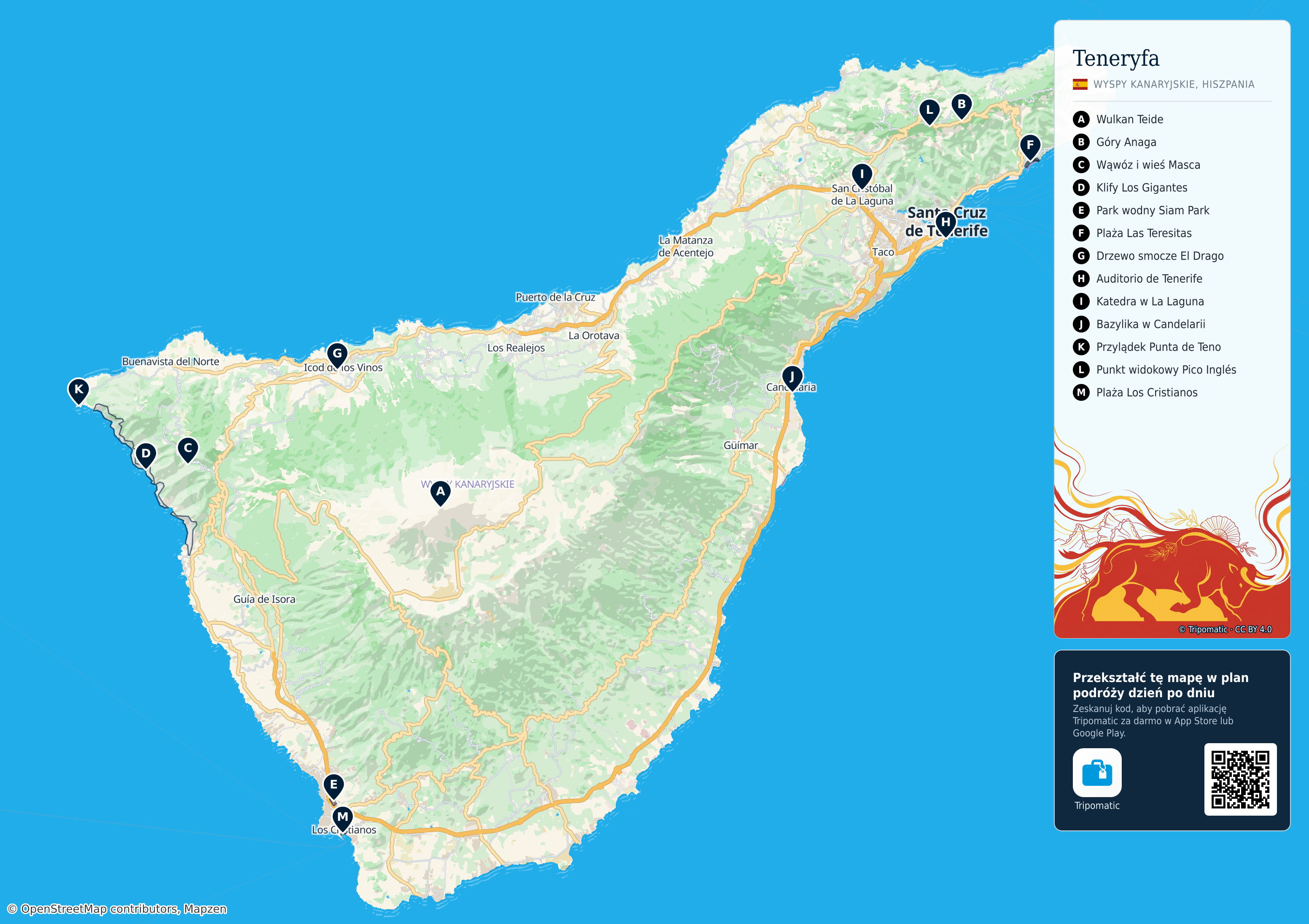 Teneryfa – turystyczna mapa do druku z ponumerowanymi atrakcjami