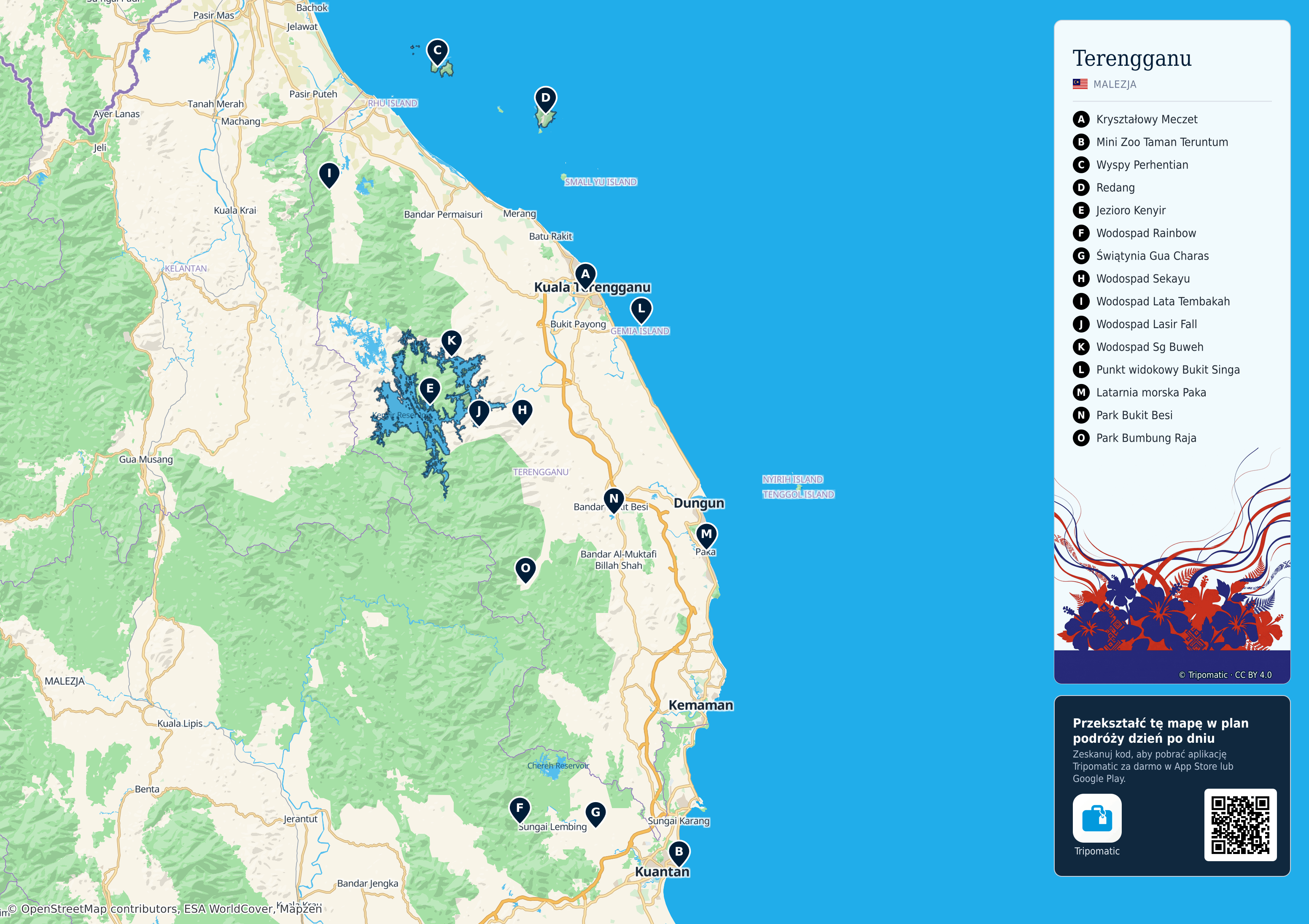 Terengganu – turystyczna mapa do druku z ponumerowanymi atrakcjami