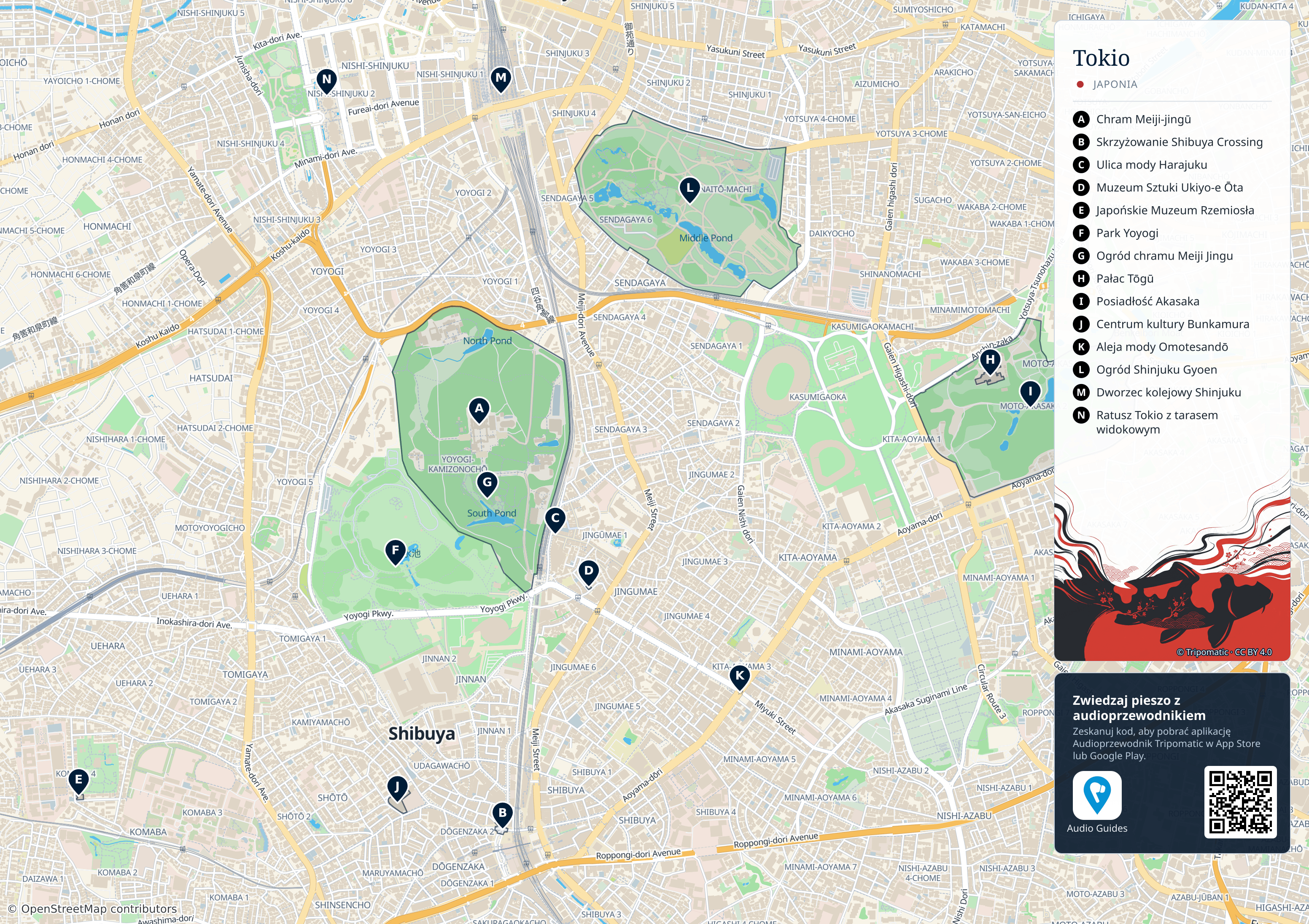 Tokio – turystyczna mapa do druku z ponumerowanymi atrakcjami
