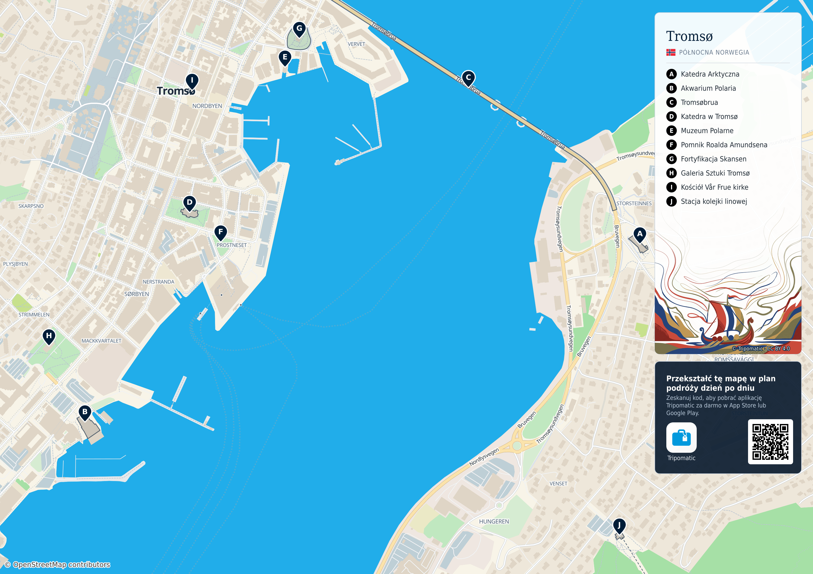 Tromsø – turystyczna mapa do druku z ponumerowanymi atrakcjami