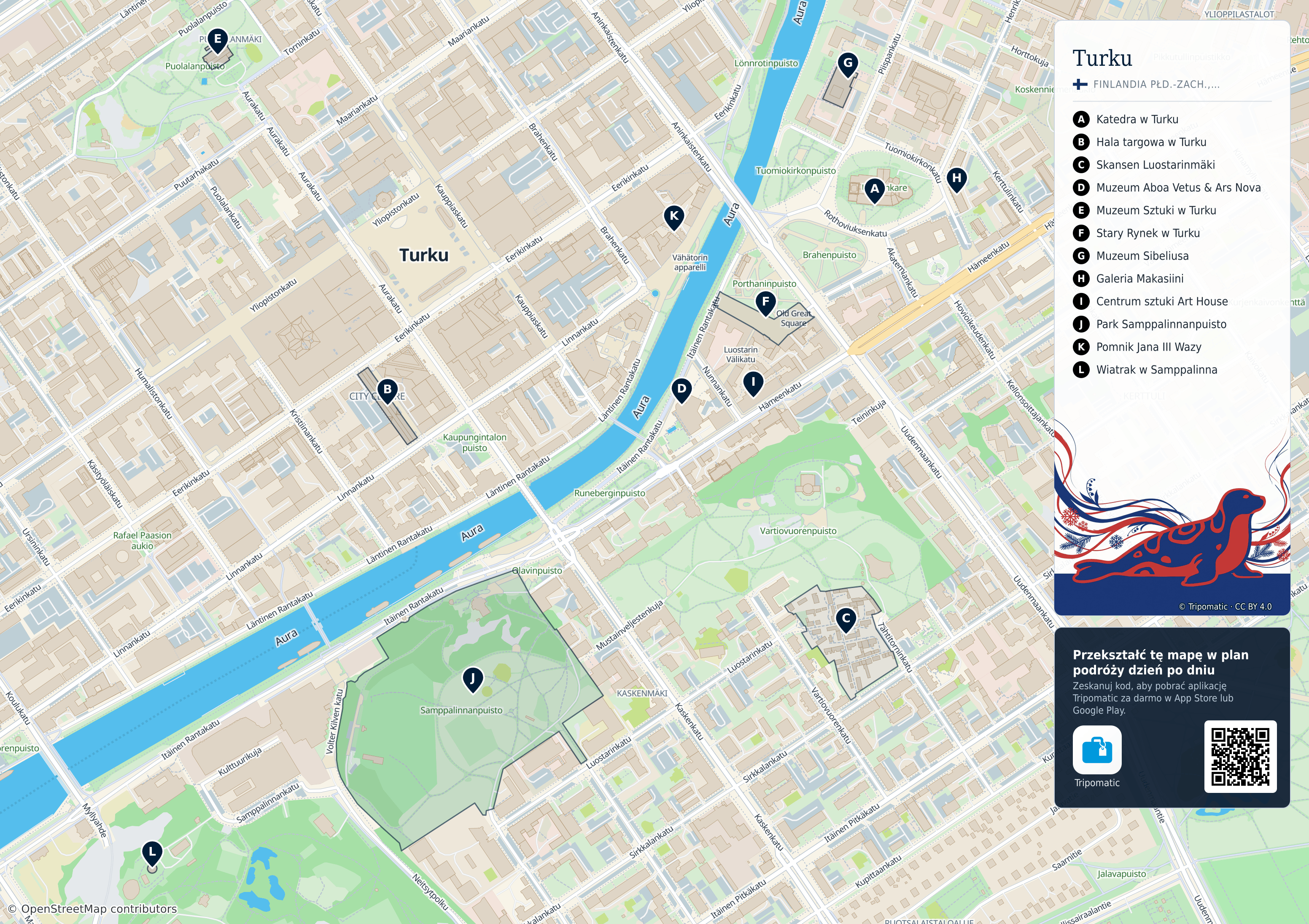 Turku – turystyczna mapa do druku z ponumerowanymi atrakcjami