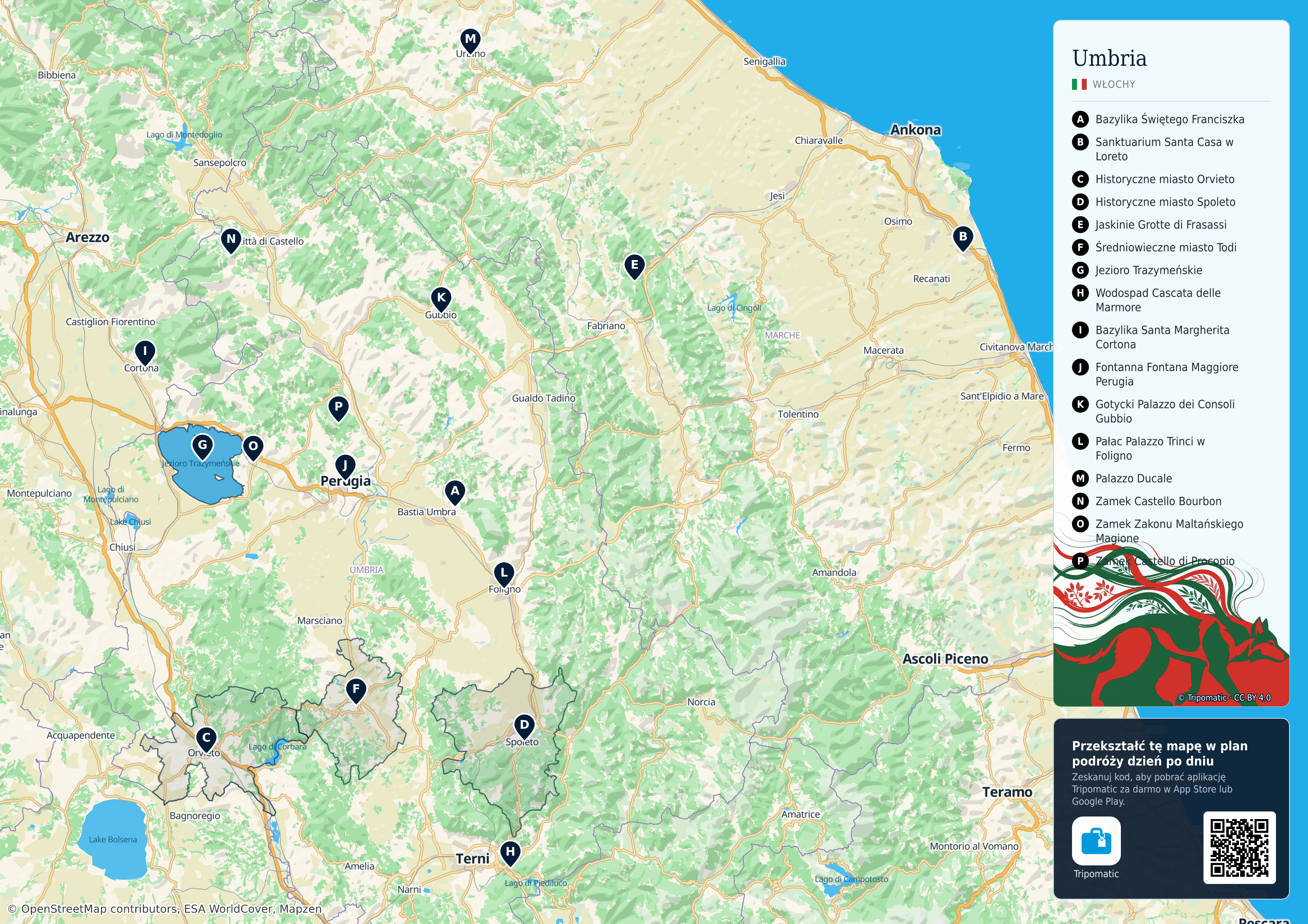 Umbria – turystyczna mapa do druku z ponumerowanymi atrakcjami