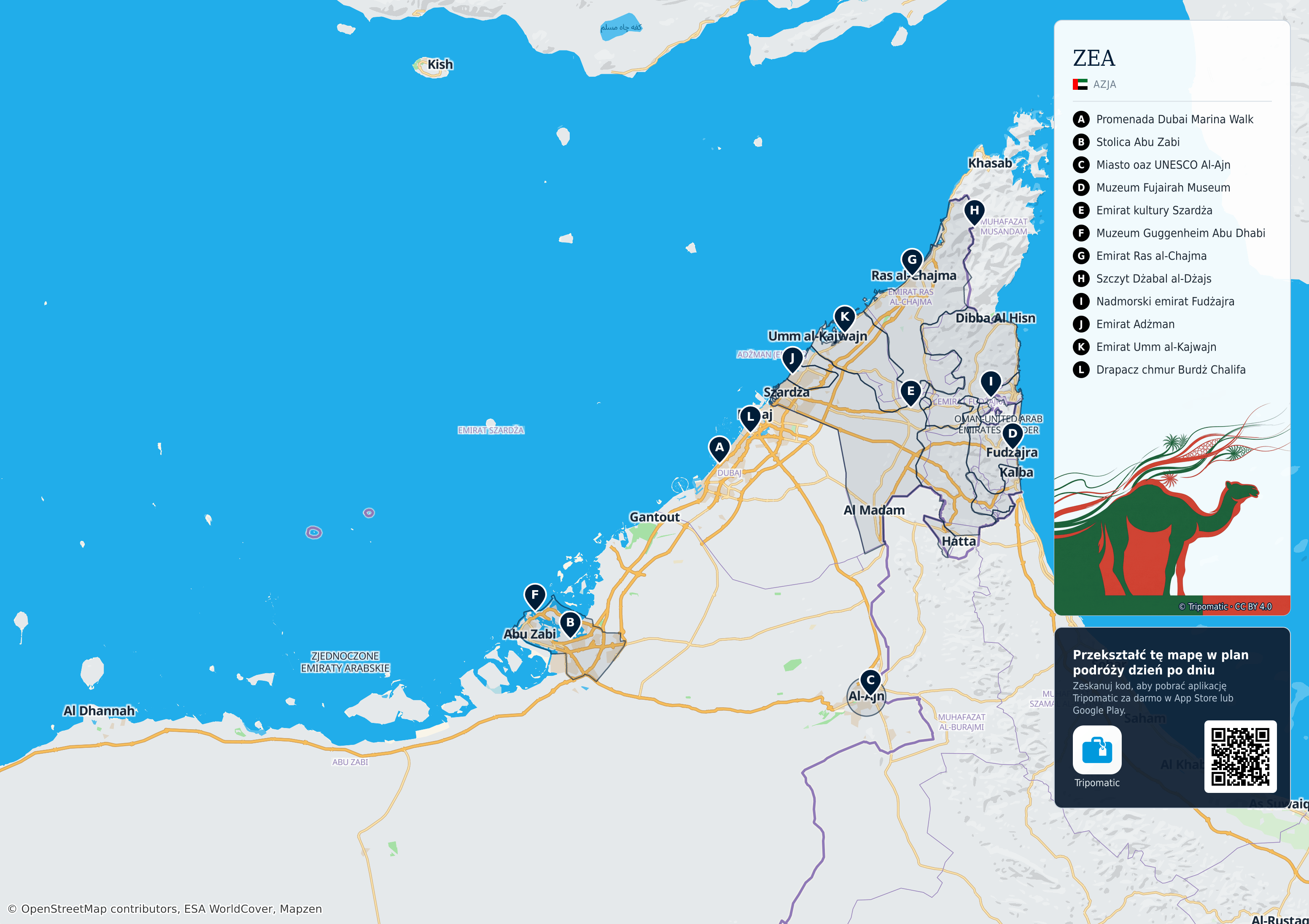 Zjednoczone Emiraty Arabskie – turystyczna mapa do druku z ponumerowanymi atrakcjami