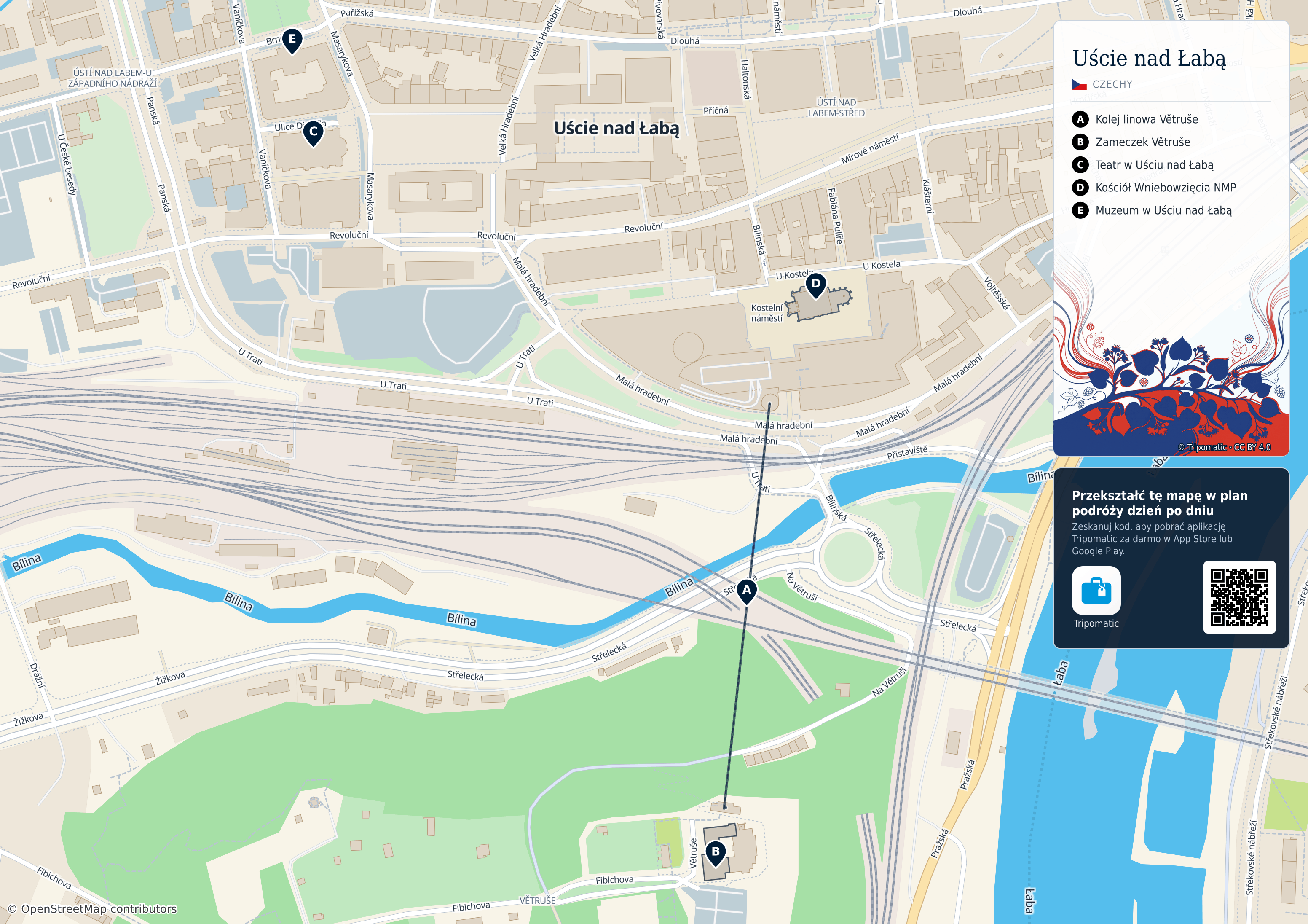 Uście nad Łabą – turystyczna mapa do druku z ponumerowanymi atrakcjami