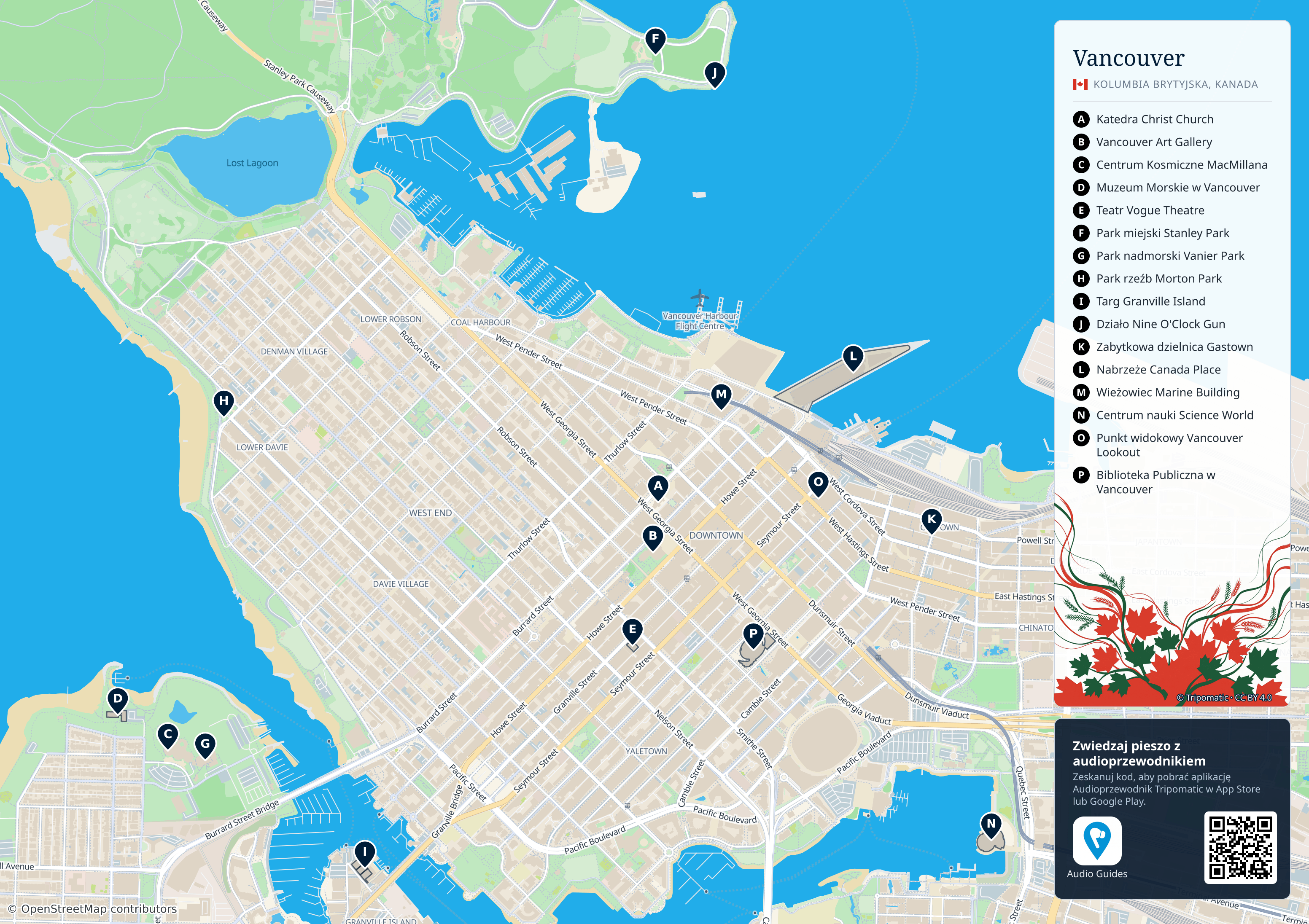 Vancouver – turystyczna mapa do druku z ponumerowanymi atrakcjami