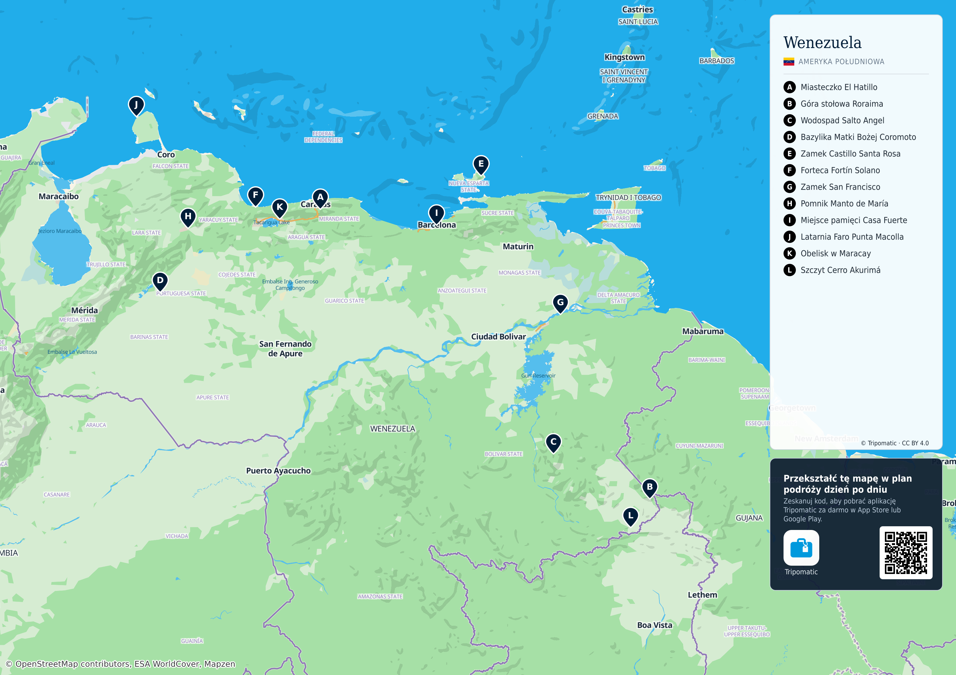 Wenezuela – turystyczna mapa do druku z ponumerowanymi atrakcjami