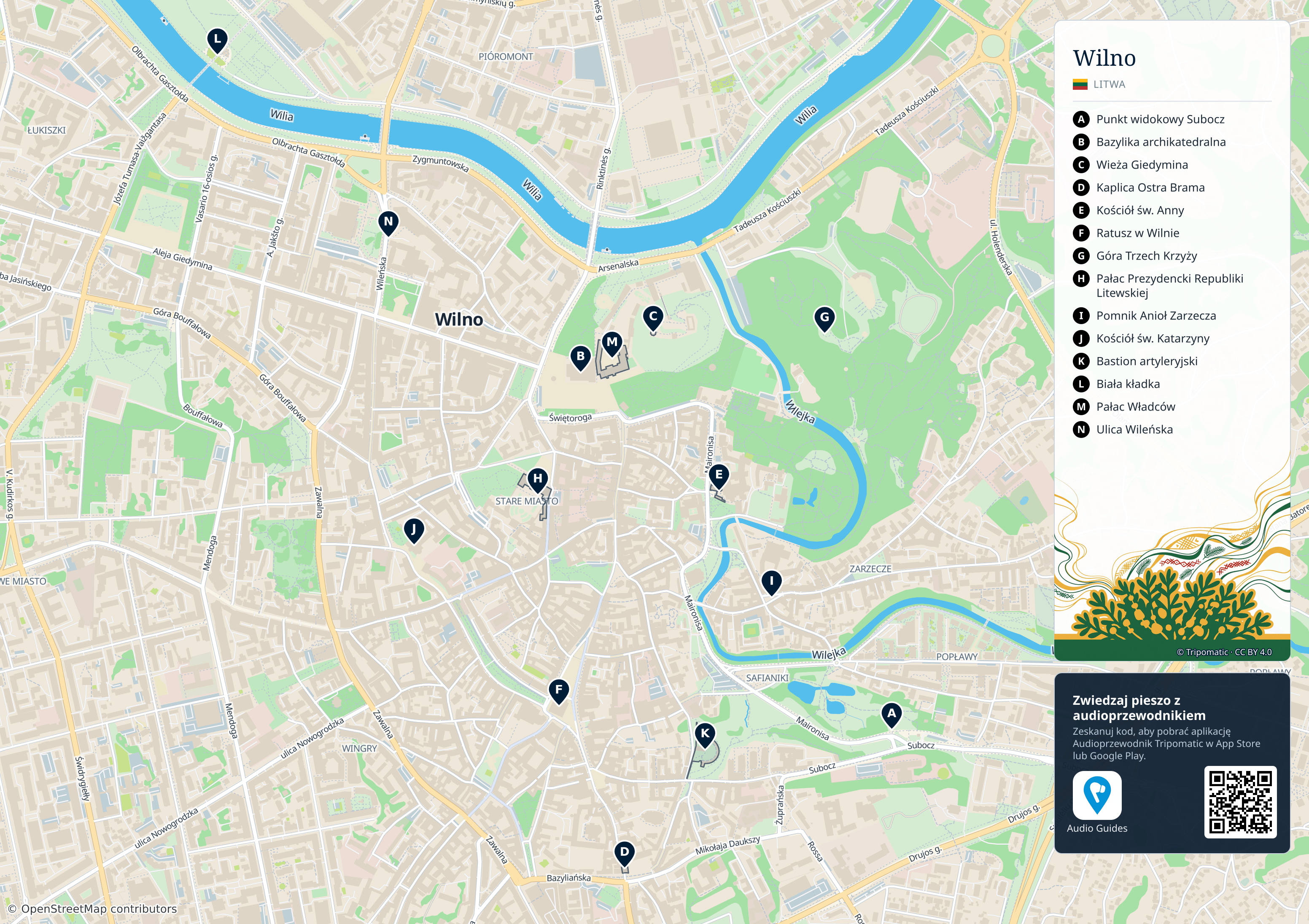 Samorząd miasta Wilna – turystyczna mapa do druku z ponumerowanymi atrakcjami