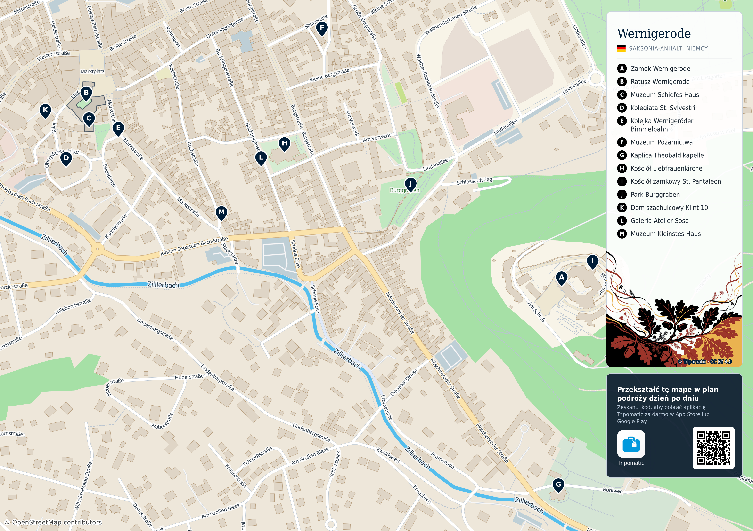 Wernigerode – turystyczna mapa do druku z ponumerowanymi atrakcjami