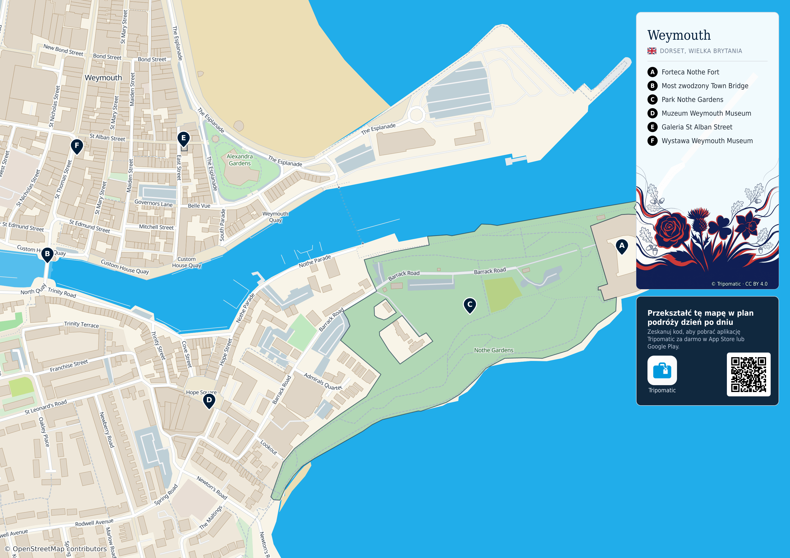 Weymouth – turystyczna mapa do druku z ponumerowanymi atrakcjami